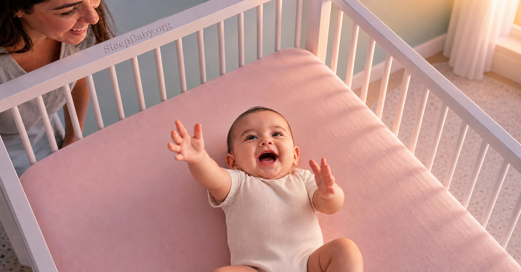 Awake baby laughs on their back in a bare crib at dawn while a caregiver smiles nearby, with SleepBaby.org engraved into the crib rail.