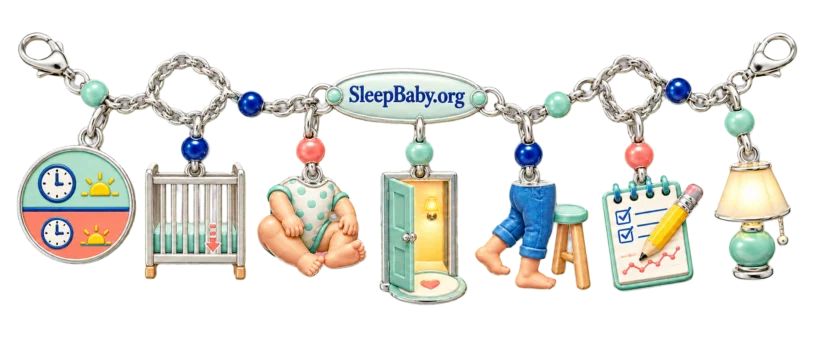 A decoder charm ribbon joins two nap windows, a fixed crib rail, bending knees, doorway return, cruising feet, note, and lamp