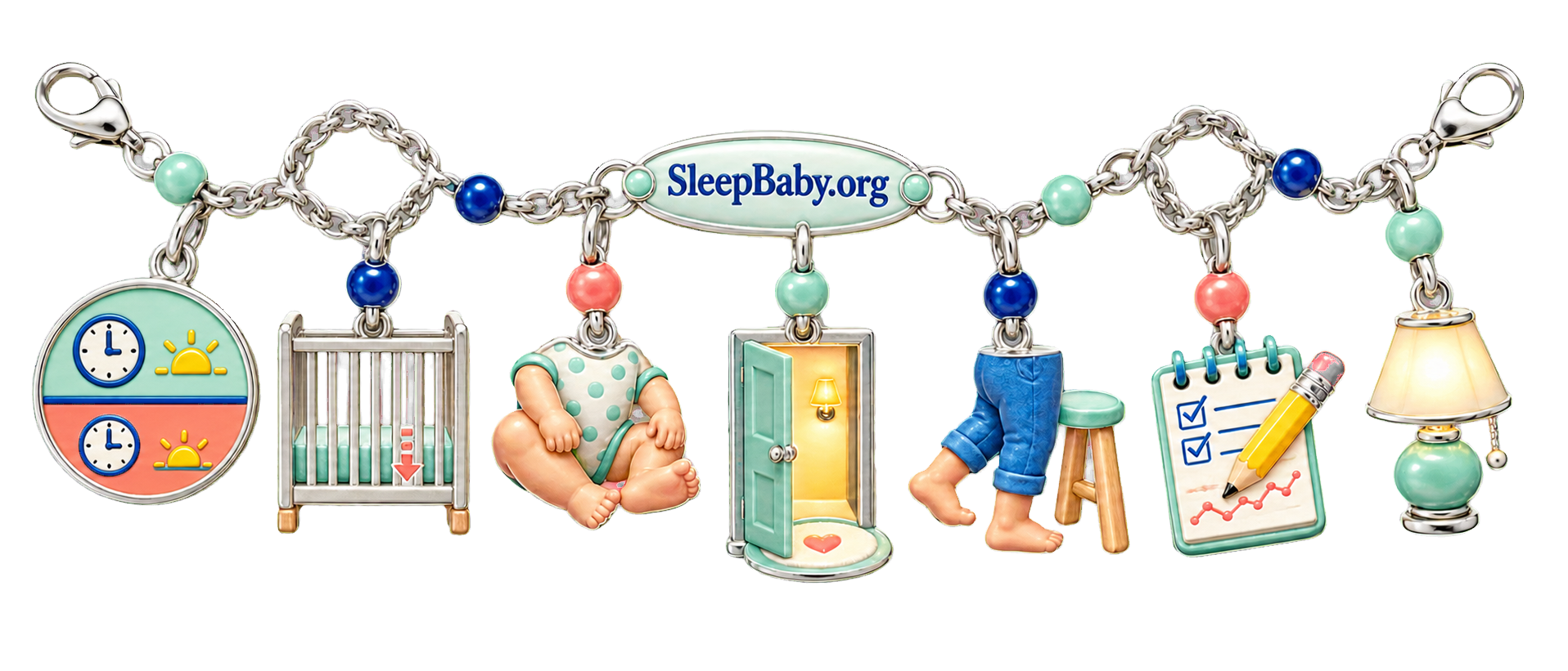 A decoder charm ribbon joins two nap windows, a fixed crib rail, bending knees, doorway return, cruising feet, note, and lamp