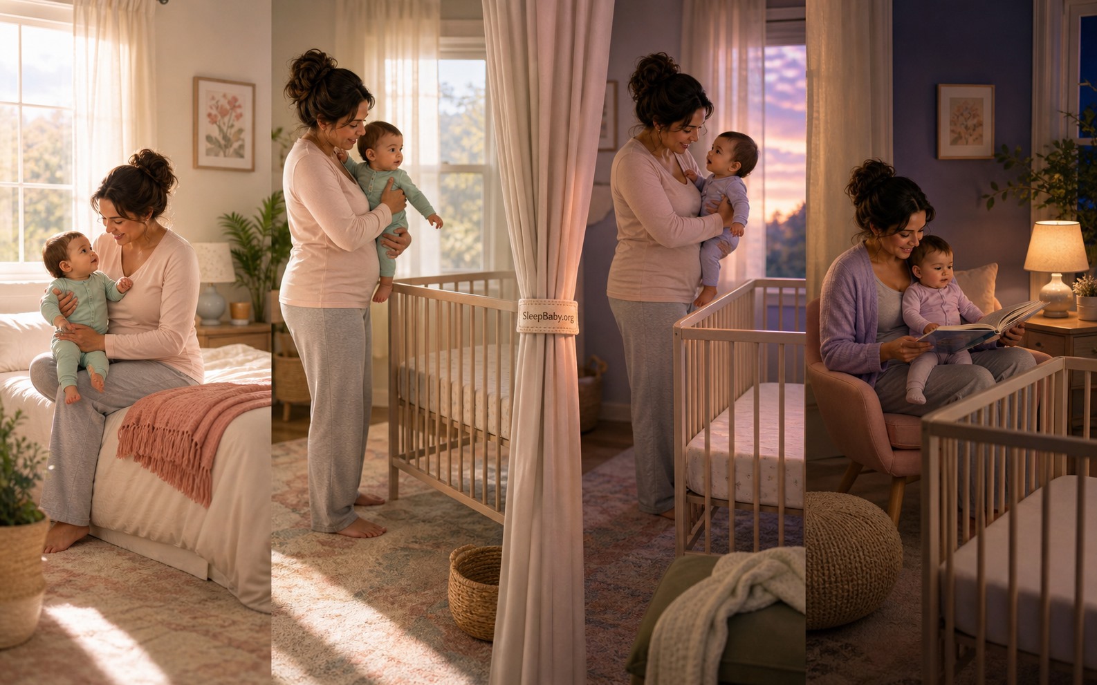 A four-part SleepBaby day arc moves from morning connection through two safe nap handoffs to a warm evening wind-down.