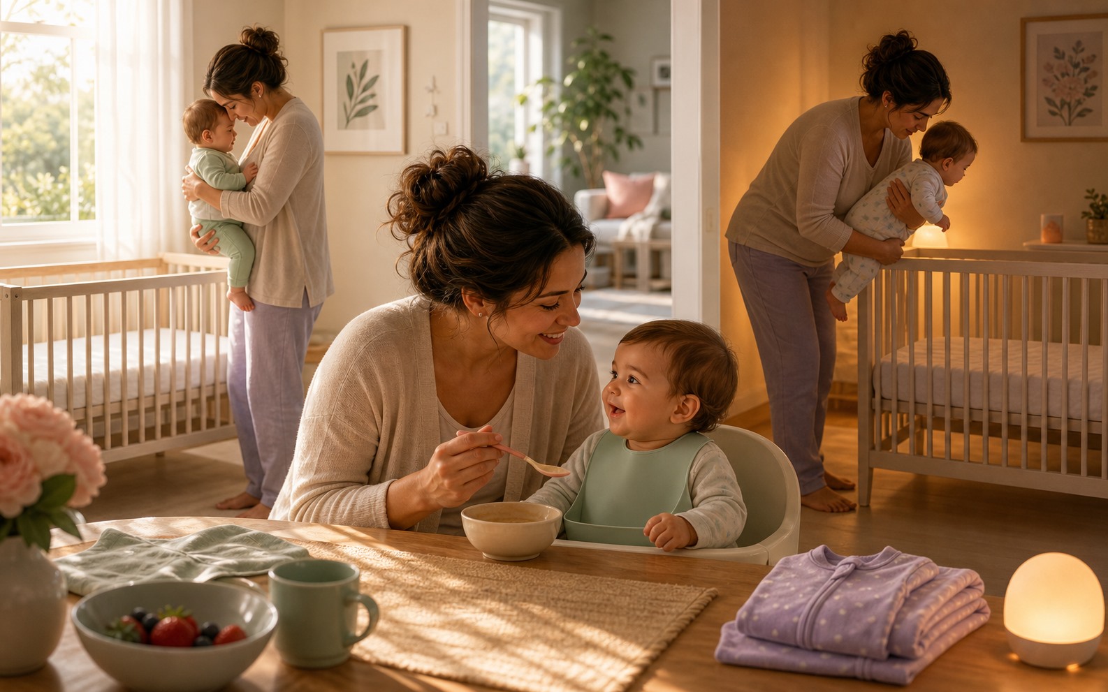 A caregiver and ten-month-old move from bright morning connection through two safe nap handoffs toward warm evening light.