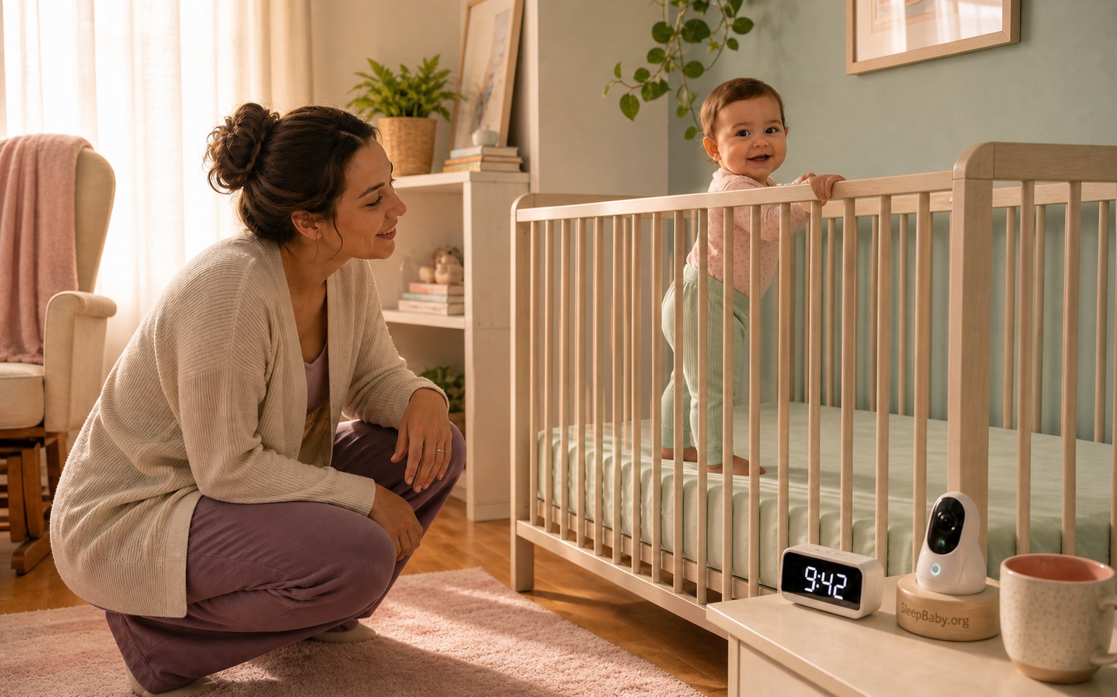 A ten-month-old stands safely inside an empty crib at 9:42 while a caregiver waits calmly beside the crib.