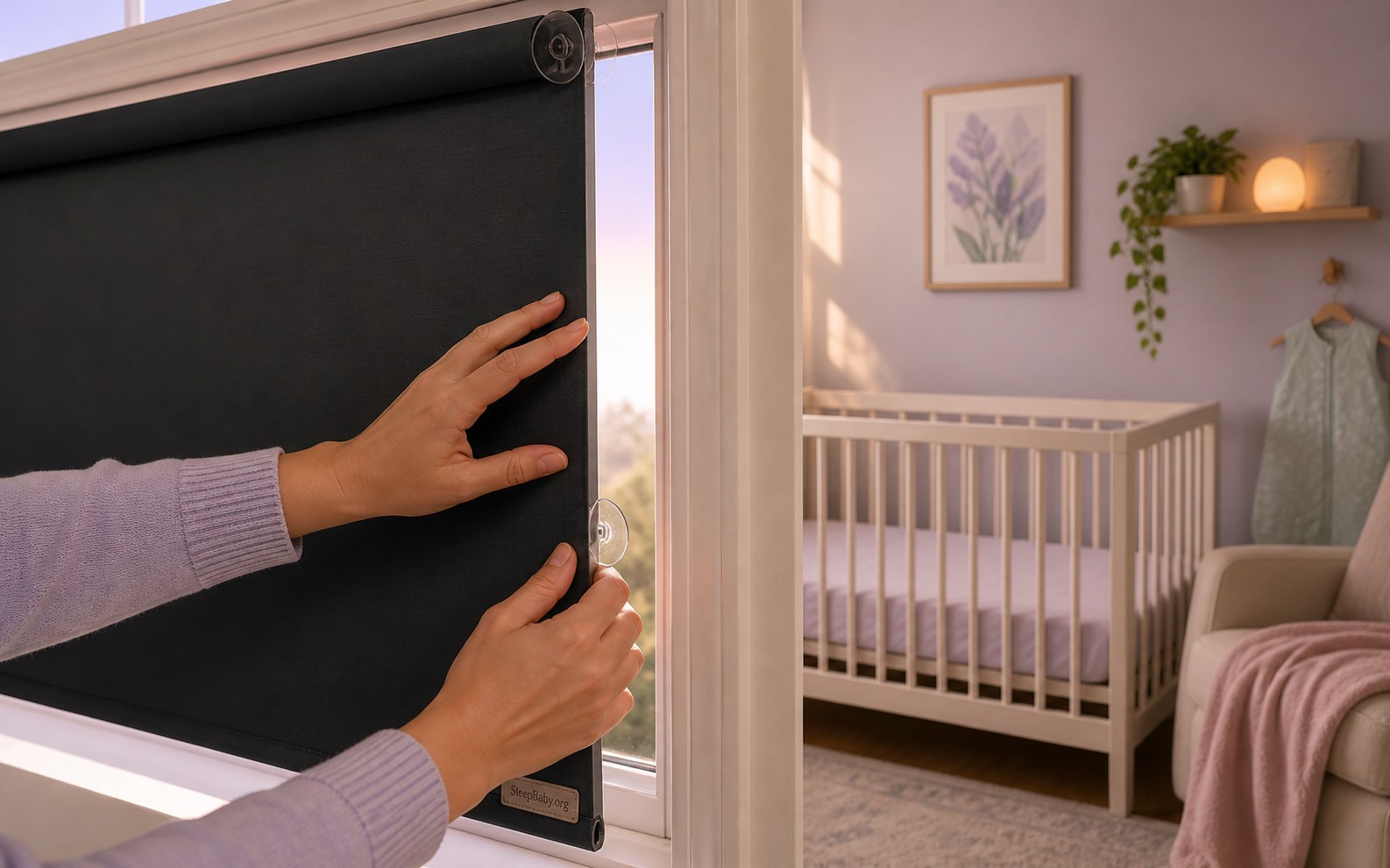 Hands secure a portable blackout shade to a nursery window beside a safely empty crib, sleep sack, and warm nap light.