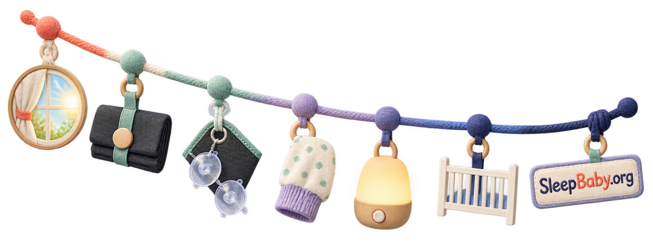A transparent SleepBaby ribbon moves from a bright window through a portable shade and pajama cuff to a nap light and empty crib.