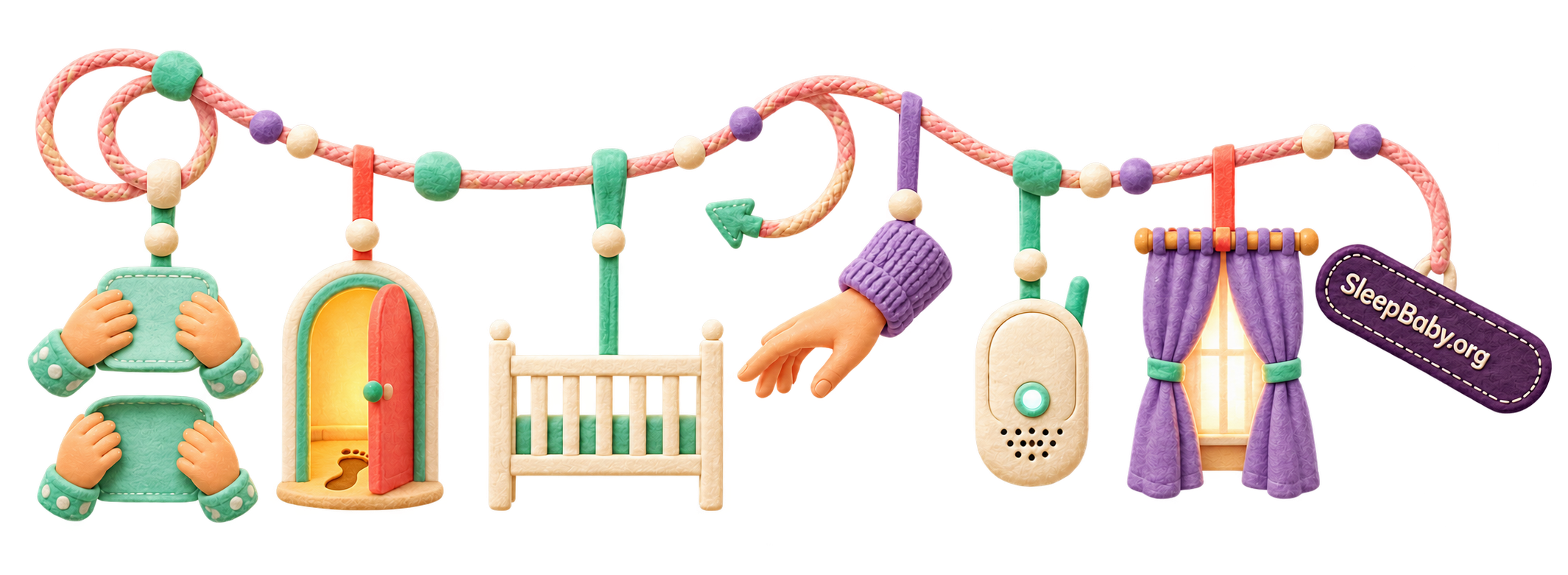 A transparent SleepBaby ribbon showing peekaboo hands, a bedroom doorway, an empty crib, a returning caregiver hand, a monitor, and nap curtains.