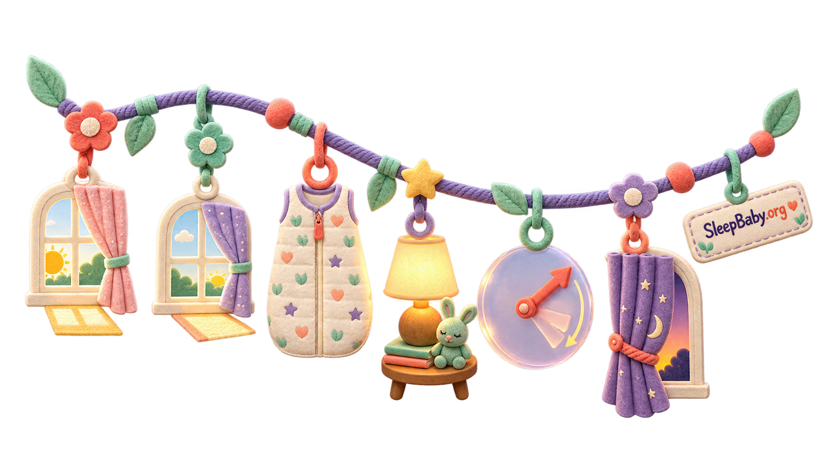 A transparent SleepBaby ribbon showing two daylight nap windows, a sleep sack, a small lamp, a clock, and a closing curtain.