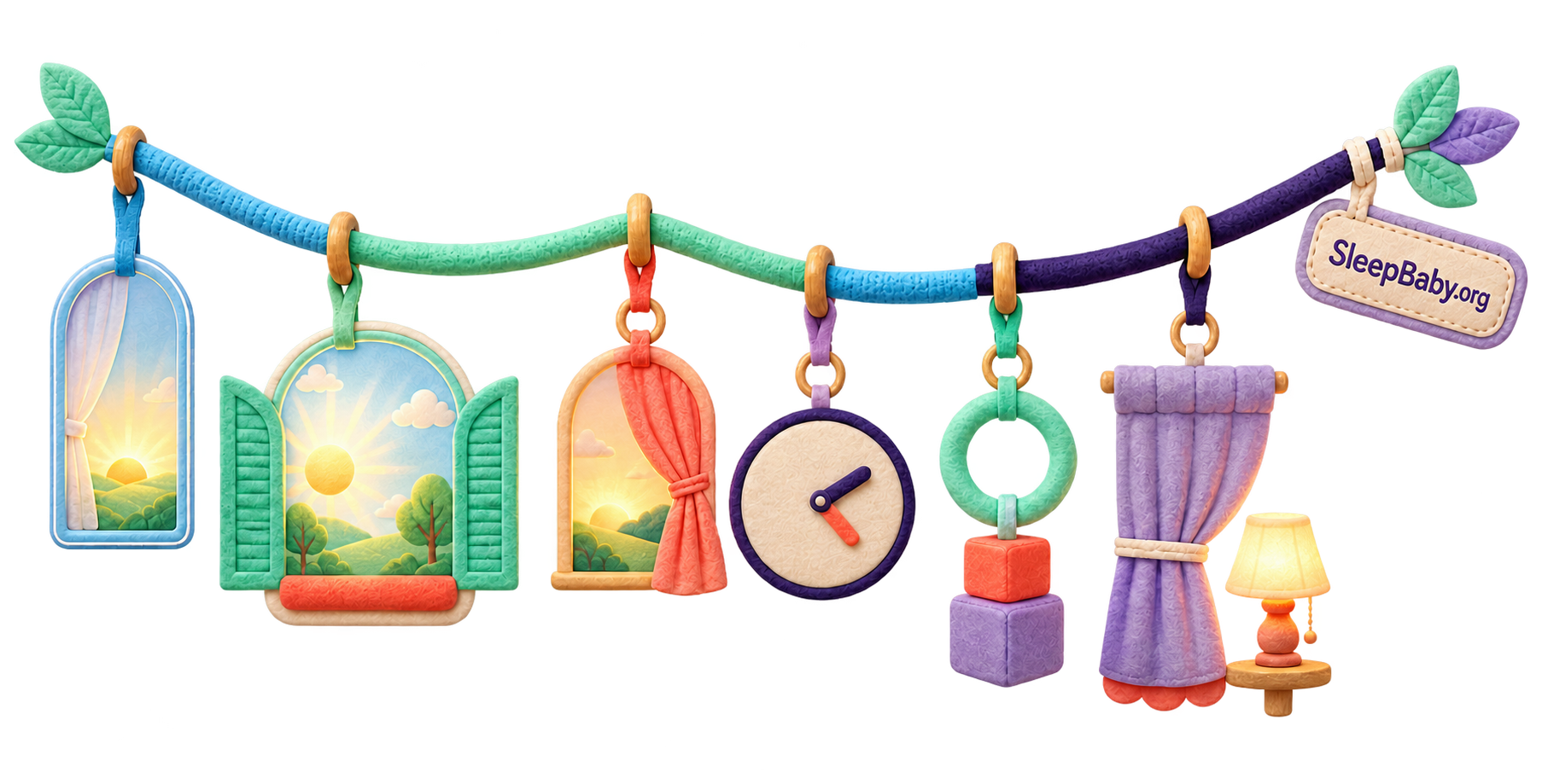 A transparent SleepBaby ribbon moving through three unequal daylight windows, a clock, play blocks, a closing curtain, and a nap lamp.