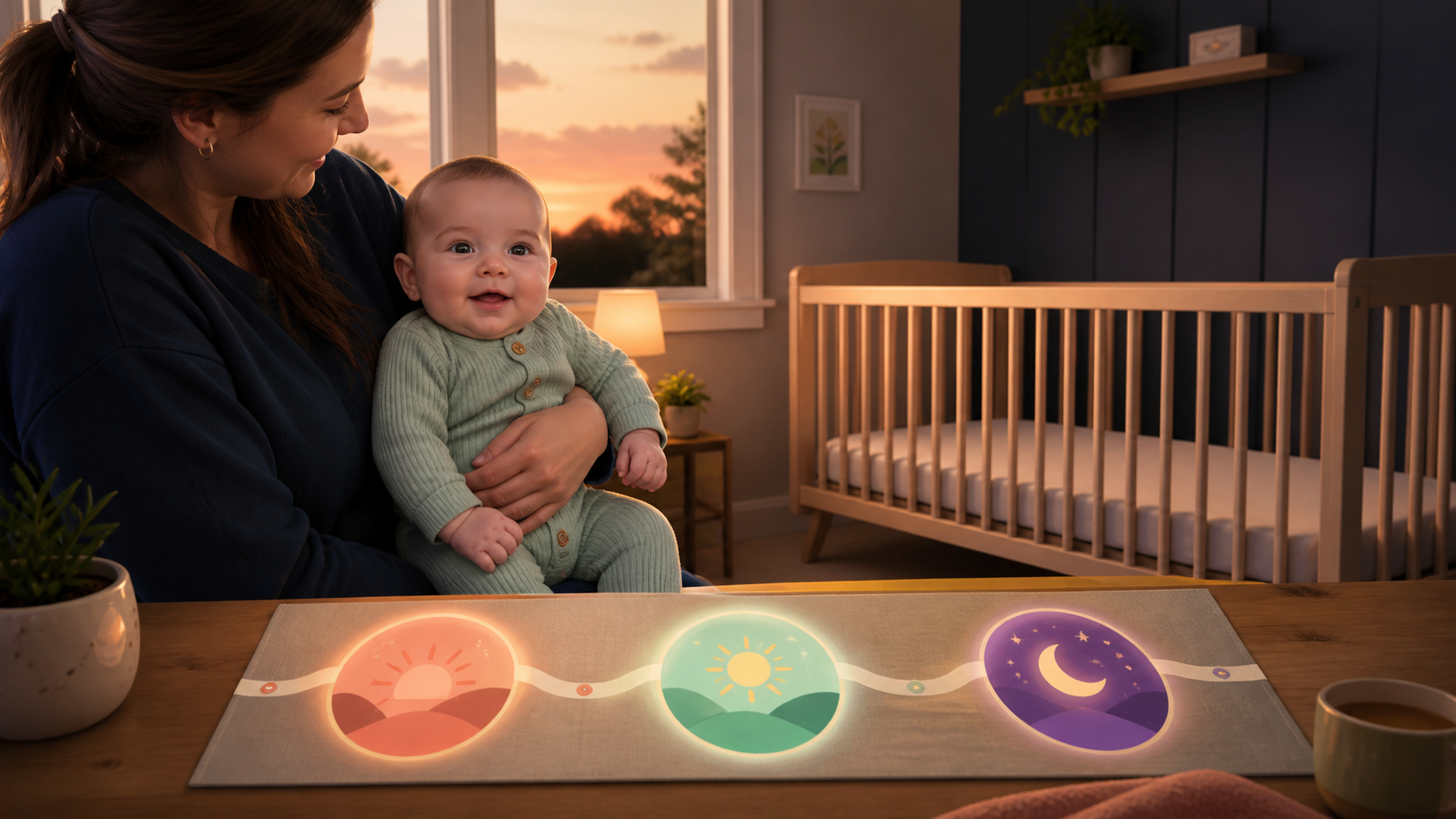 Caregiver holding an awake four-month-old beside a glowing flexible day path and an empty crib at evening