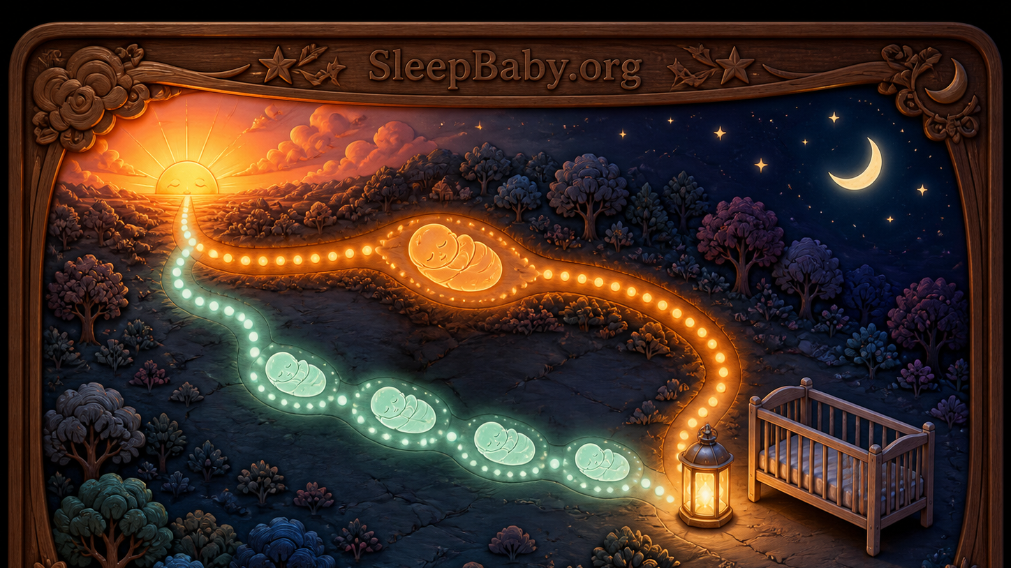 Luminous long-nap and short-nap paths converging at a bedtime lantern and safe empty crib