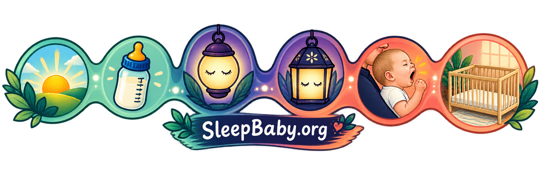 Illustrated day rail moving from sunrise and feeding through two nap lights, an awake yawn cue, and an empty crib