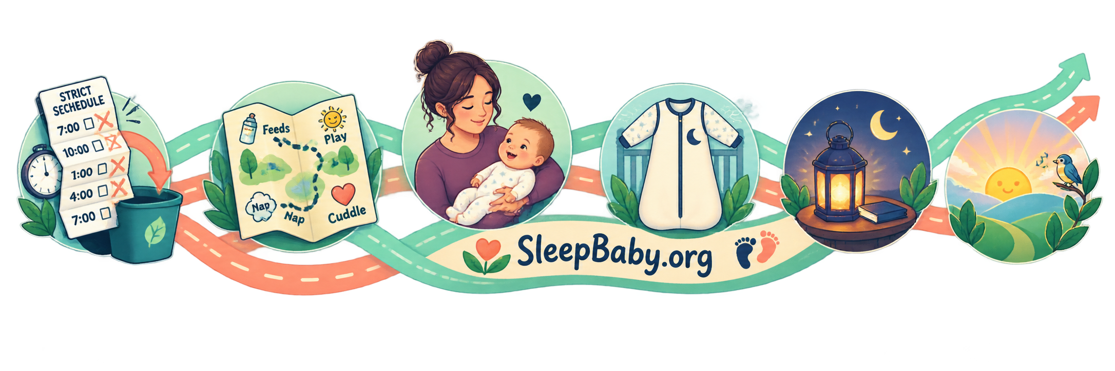 Flexible nap-day rail setting aside a rigid schedule and curving toward a wearable sleep layer, bedtime lantern, and dawn