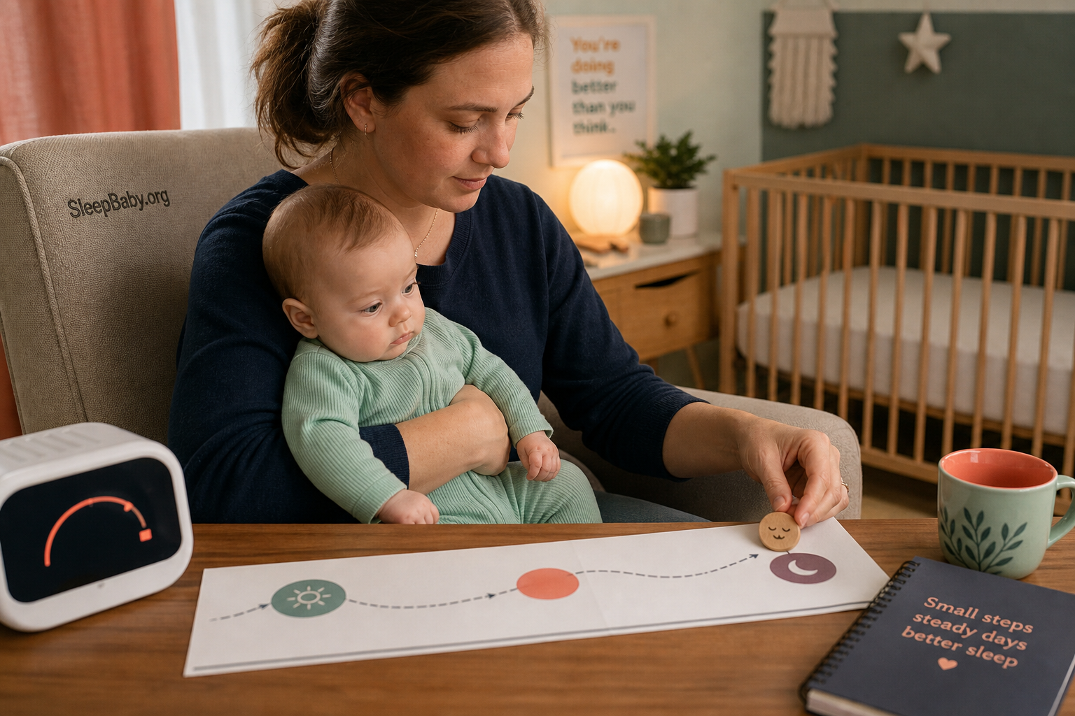 Caregiver holding an awake four-month-old while moving a marker on a flexible nap-day map beside an empty crib