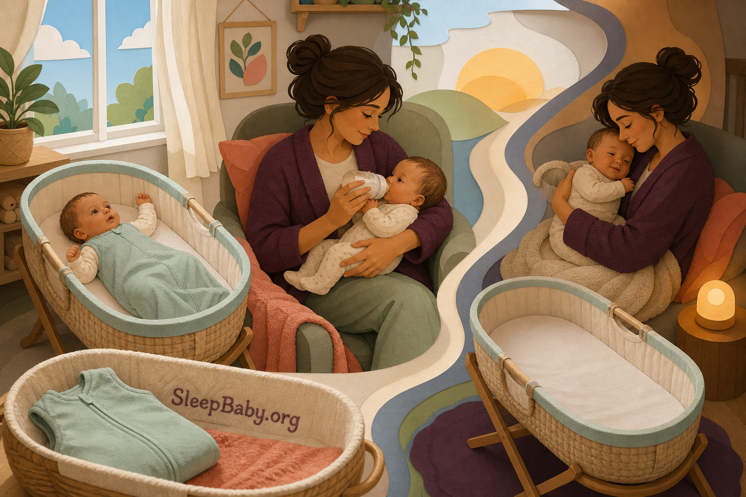 Layered illustration of an eight-week-old waking, feeding while supported, cuddling, and returning toward an empty bassinet