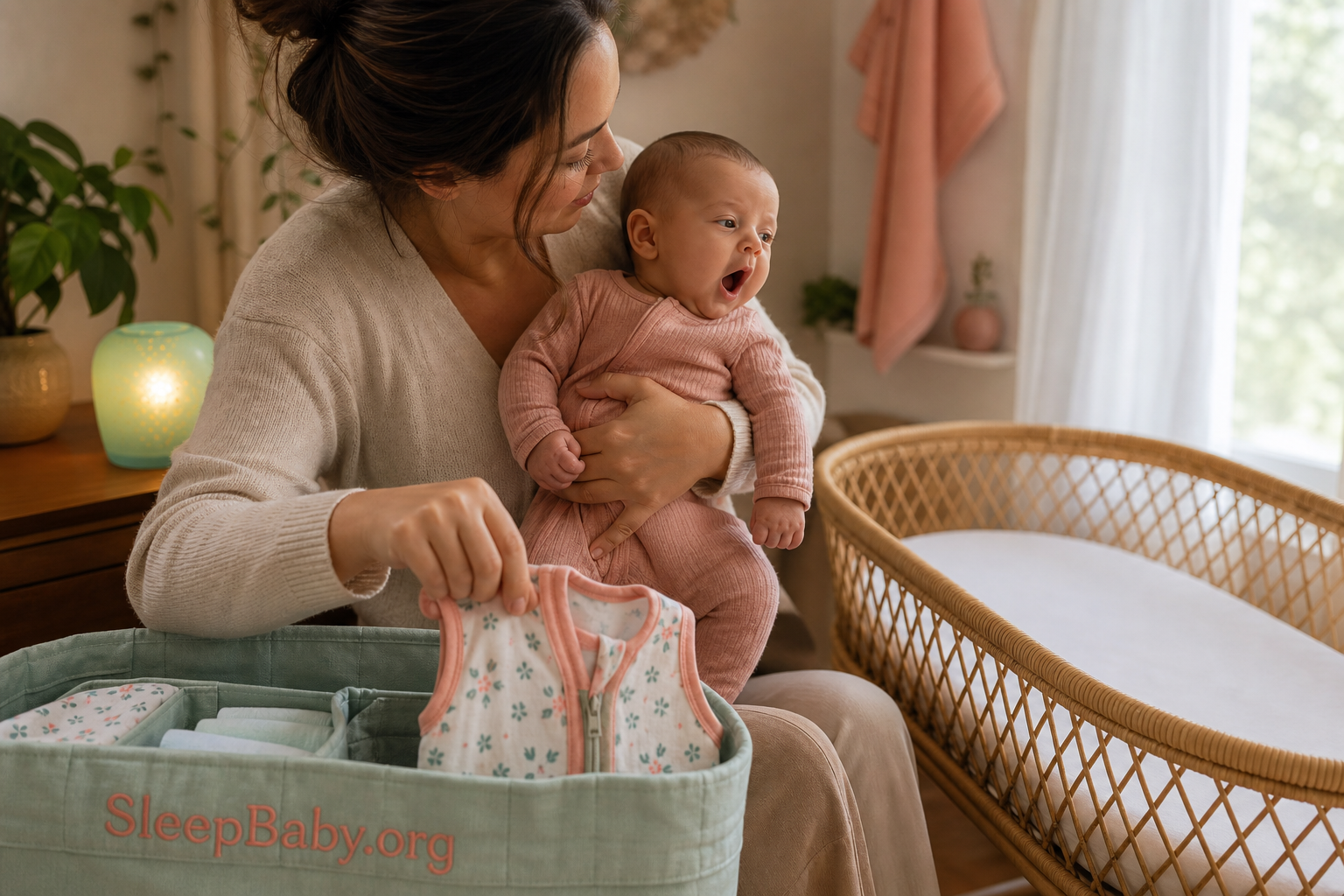 Caregiver notices her eight-week-old yawning and reaches for a sleep sack beside an empty bassinet