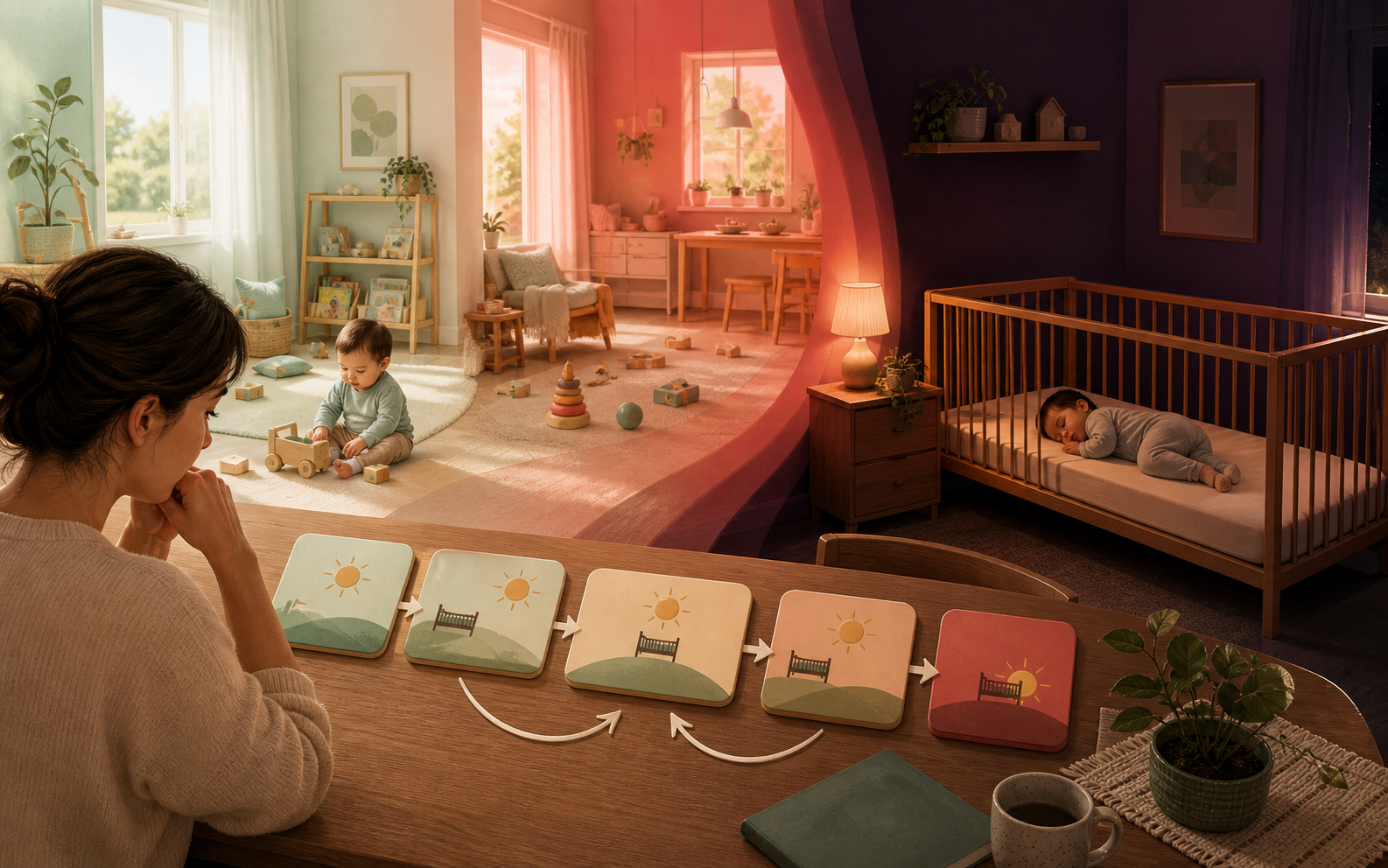 A caregiver studies a one-year-old's two-nap and one-nap day paths while the toddler sleeps safely in an empty crib beneath warm morning-to-night light.