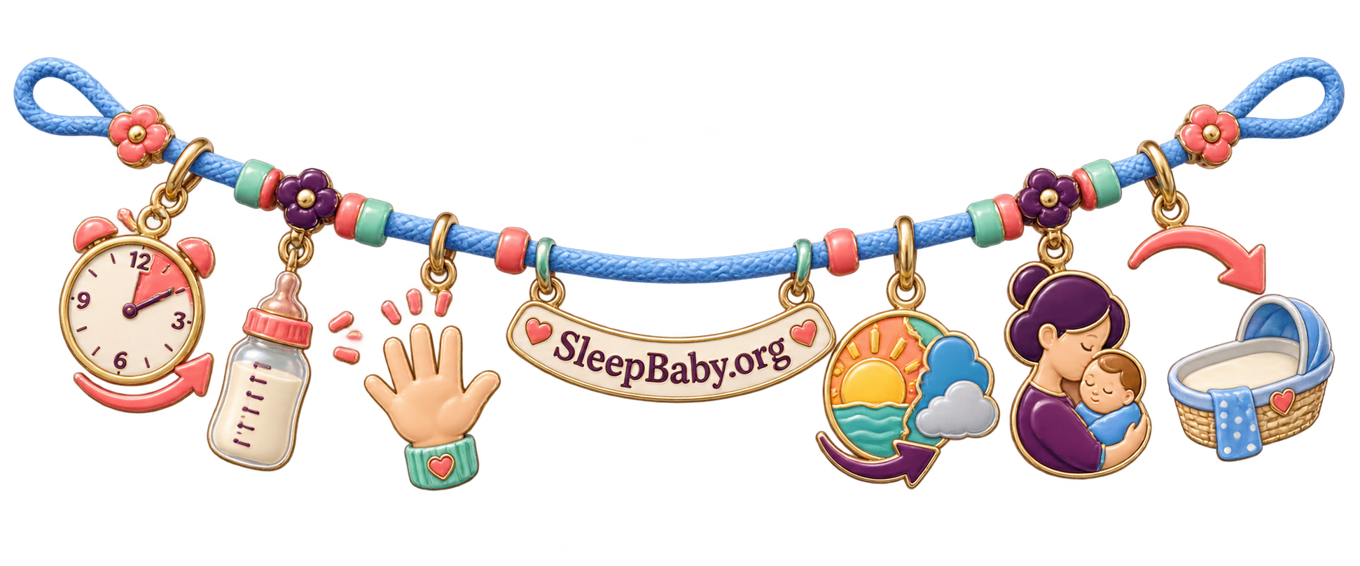 Charm ribbon showing a short clock, feeding, a reset hand, changing daylight, a calm cuddle, and the next empty bassinet