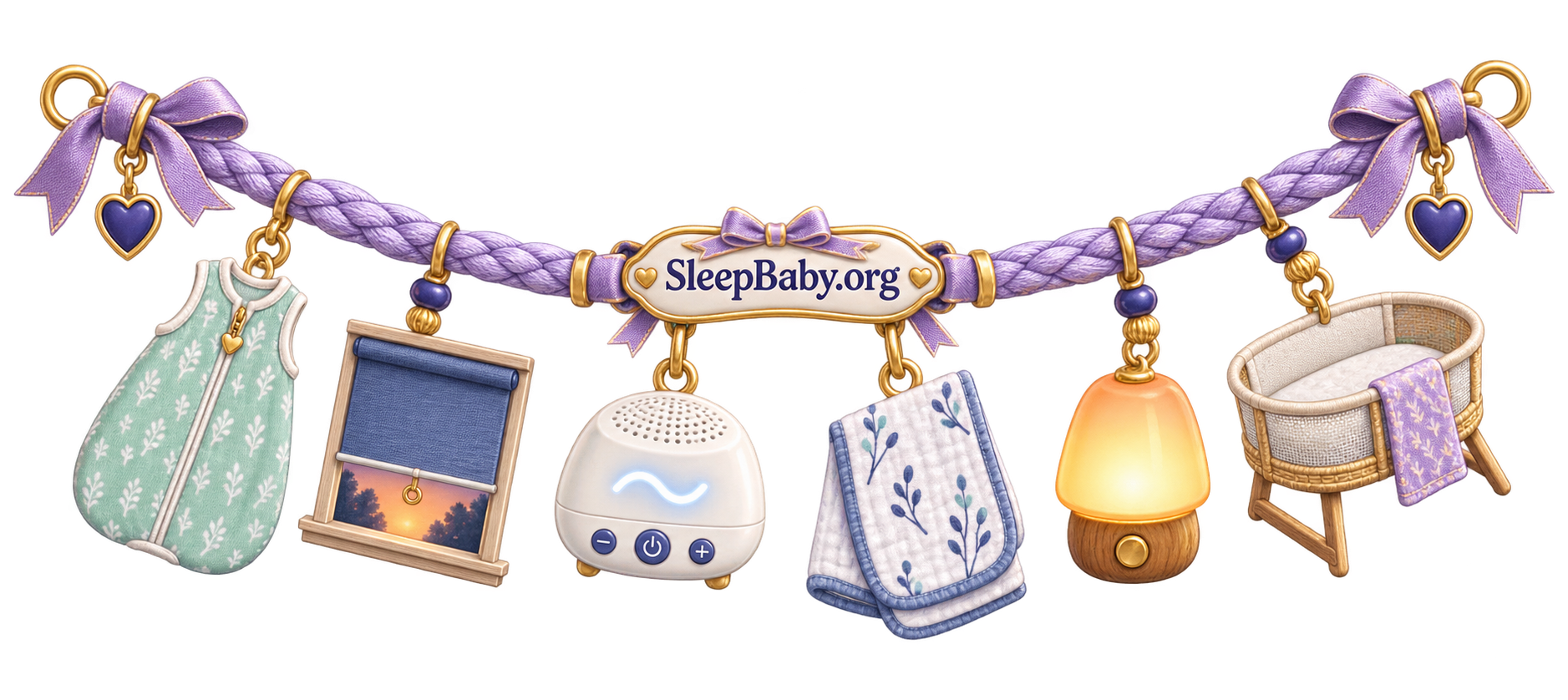 Charm ribbon with a sleep sack, drawn shade, white-noise machine, burp cloth, warm lamp, and empty bassinet