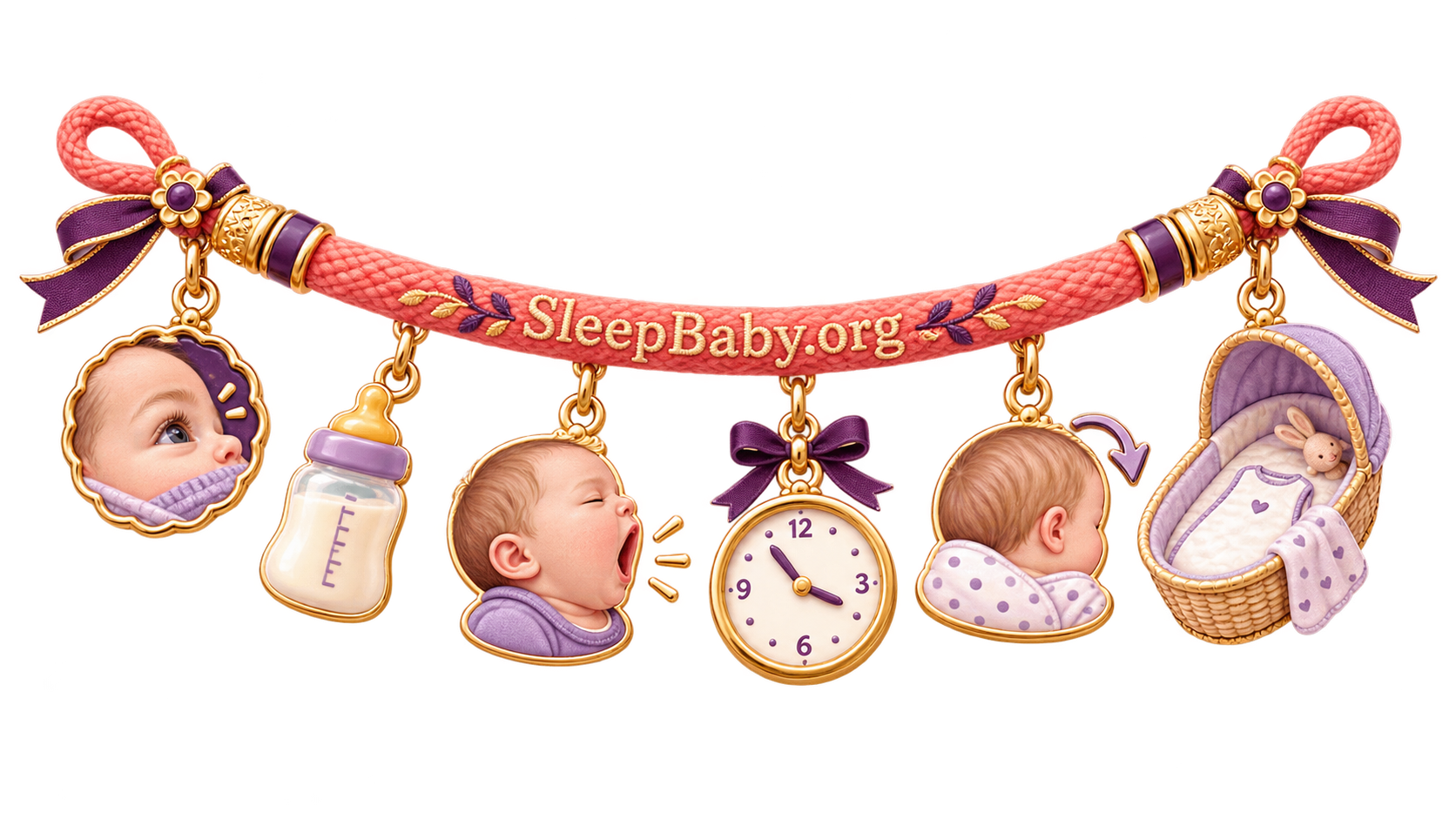 Charm ribbon showing an awake infant, feeding, yawning, a clock, turning away, and an empty bassinet
