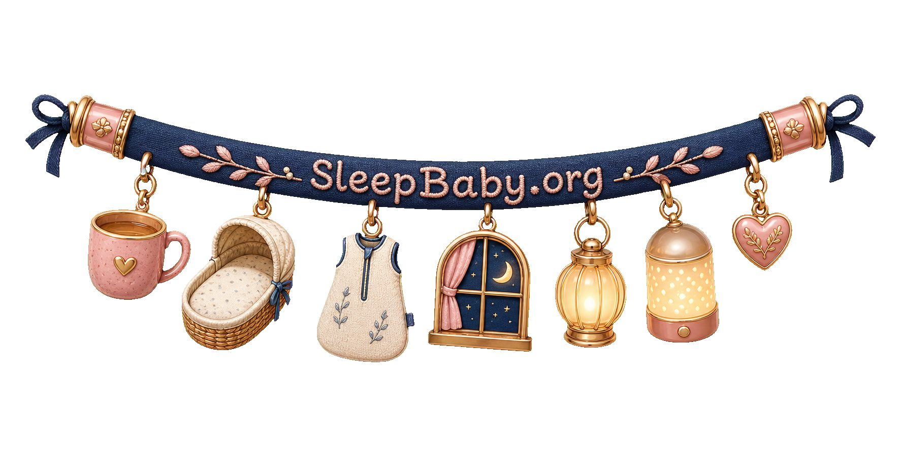 Charm ribbon with a caregiver mug, empty bassinet, sleep sack, moonlit window, and two warm nap lights