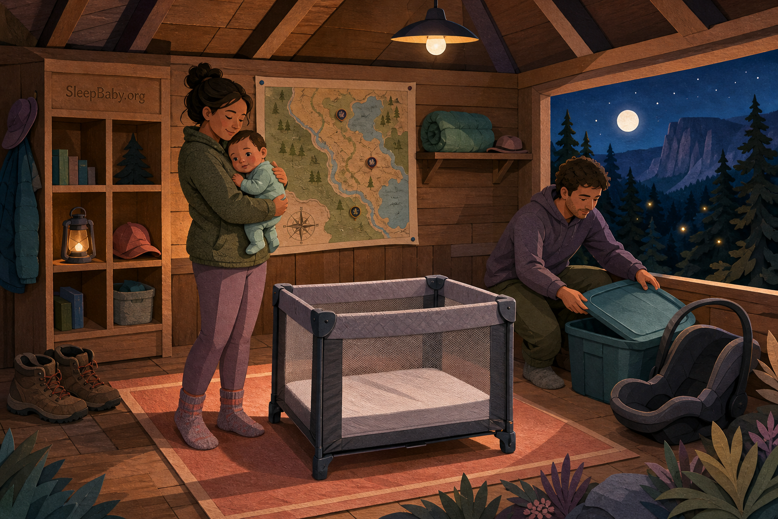 Evening editorial illustration shows a caregiver holding a sleepy awake baby beside an empty portable crib with a fitted sheet only while another adult moves the empty car seat away.