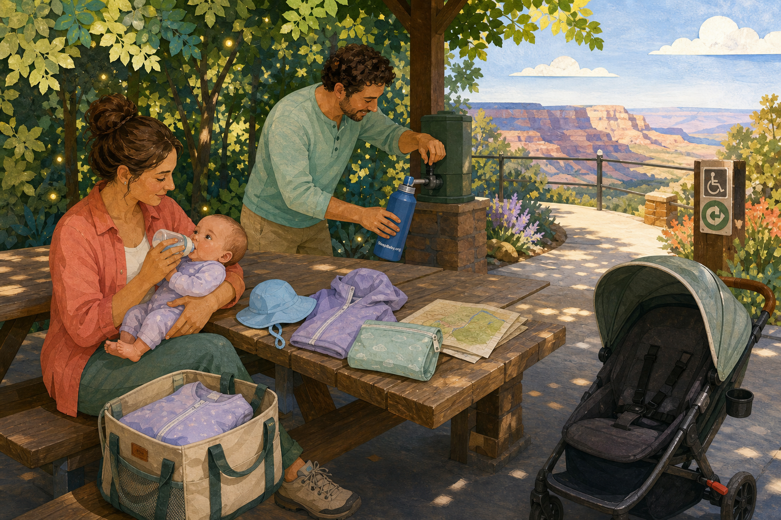 Editorial illustration shows a caregiver feeding an awake baby at a deeply shaded national-park picnic bench while another adult fills a water bottle beside an empty brake-set stroller.