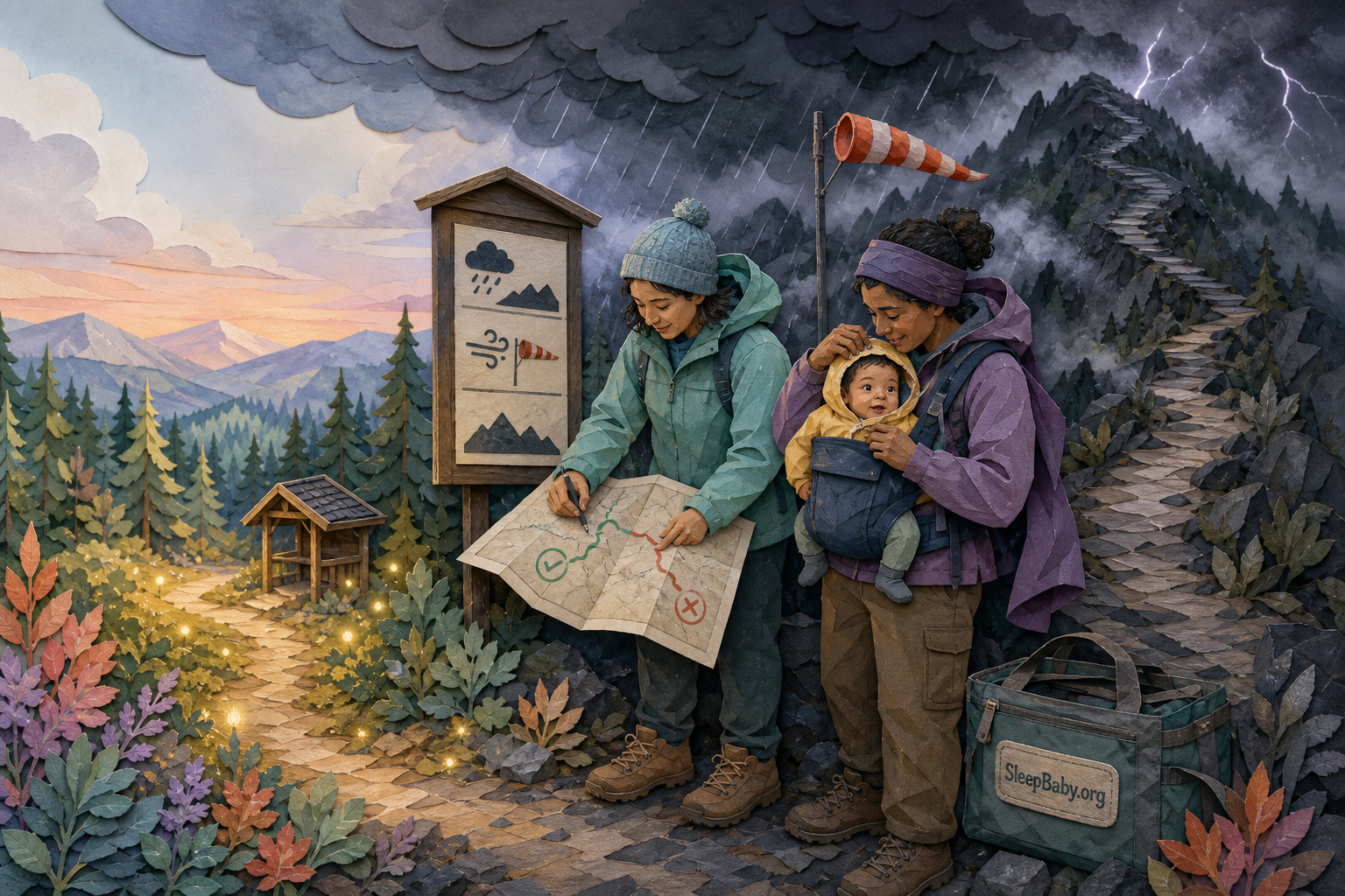 Editorial illustration shows caregivers choosing a warm lower national-park loop while a storm covers the steep ridge, with an awake baby safely held in a carrier and a conditions board nearby.