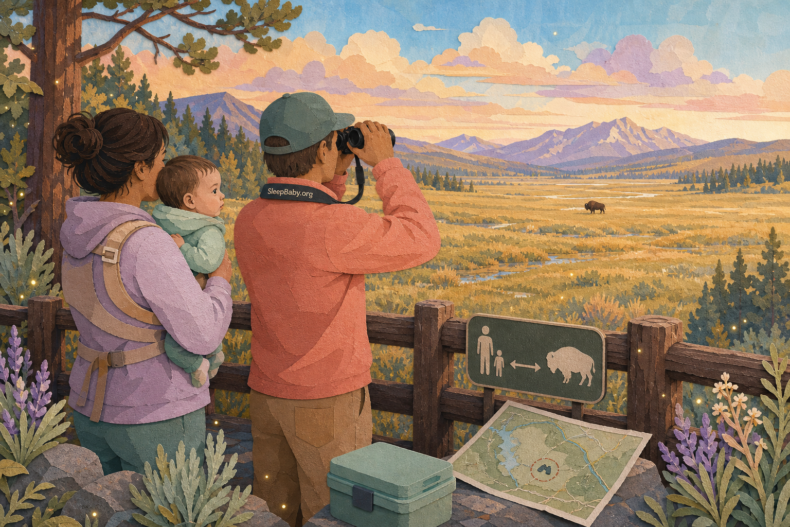 Editorial illustration shows caregivers and an awake baby behind a substantial national-park viewing barrier while a bison remains far across the meadow and one adult uses binoculars.