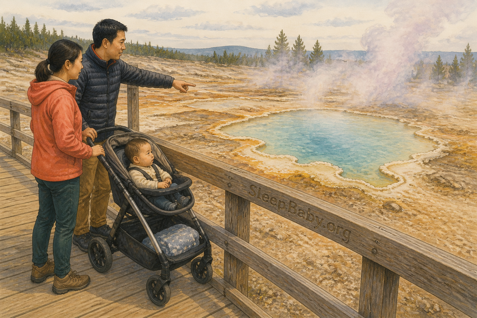 Natural-history illustration shows a family and awake baby in a stroller on a raised boardwalk behind a sturdy railing above a rocky steaming spring.