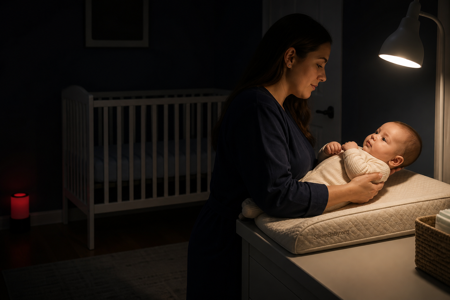 Caregiver briefly checks an awake baby's color under neutral task light while the red nursery light remains off