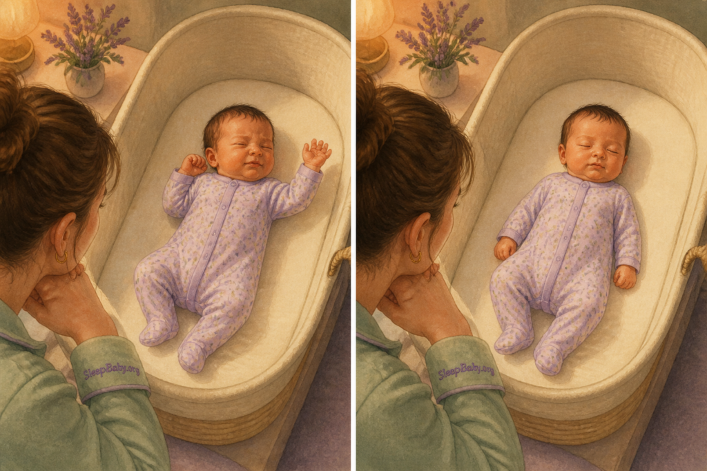 The same newborn sleeping safely on their back in an empty bassinet during an active moment and a quieter still moment