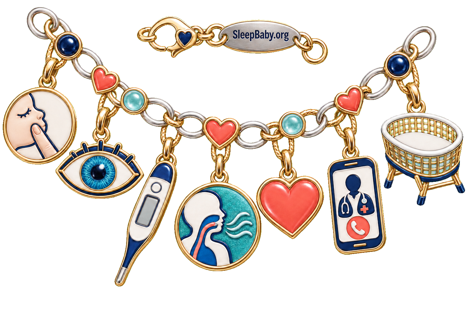 A protective enamel necklace links a cheek-touch hand, alert eye, thermometer, breathing symbol, coral heart, clinician phone, and empty bassinet