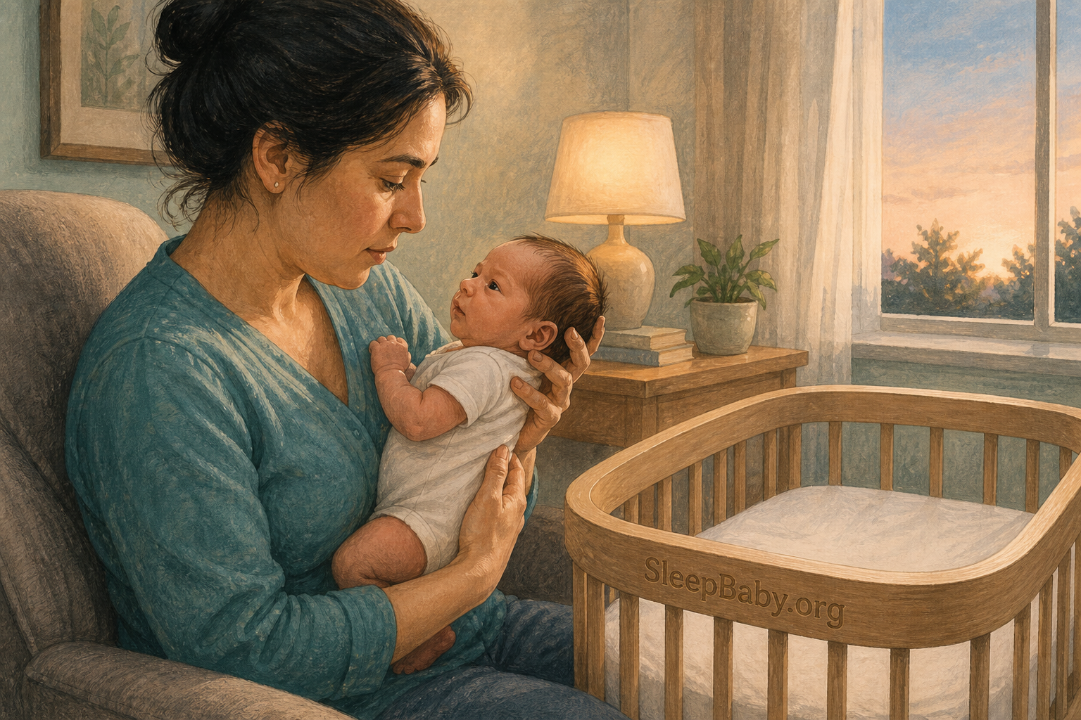An awake caregiver watches a responsive newborn's color and breathing beside an empty bassinet ready for sleep