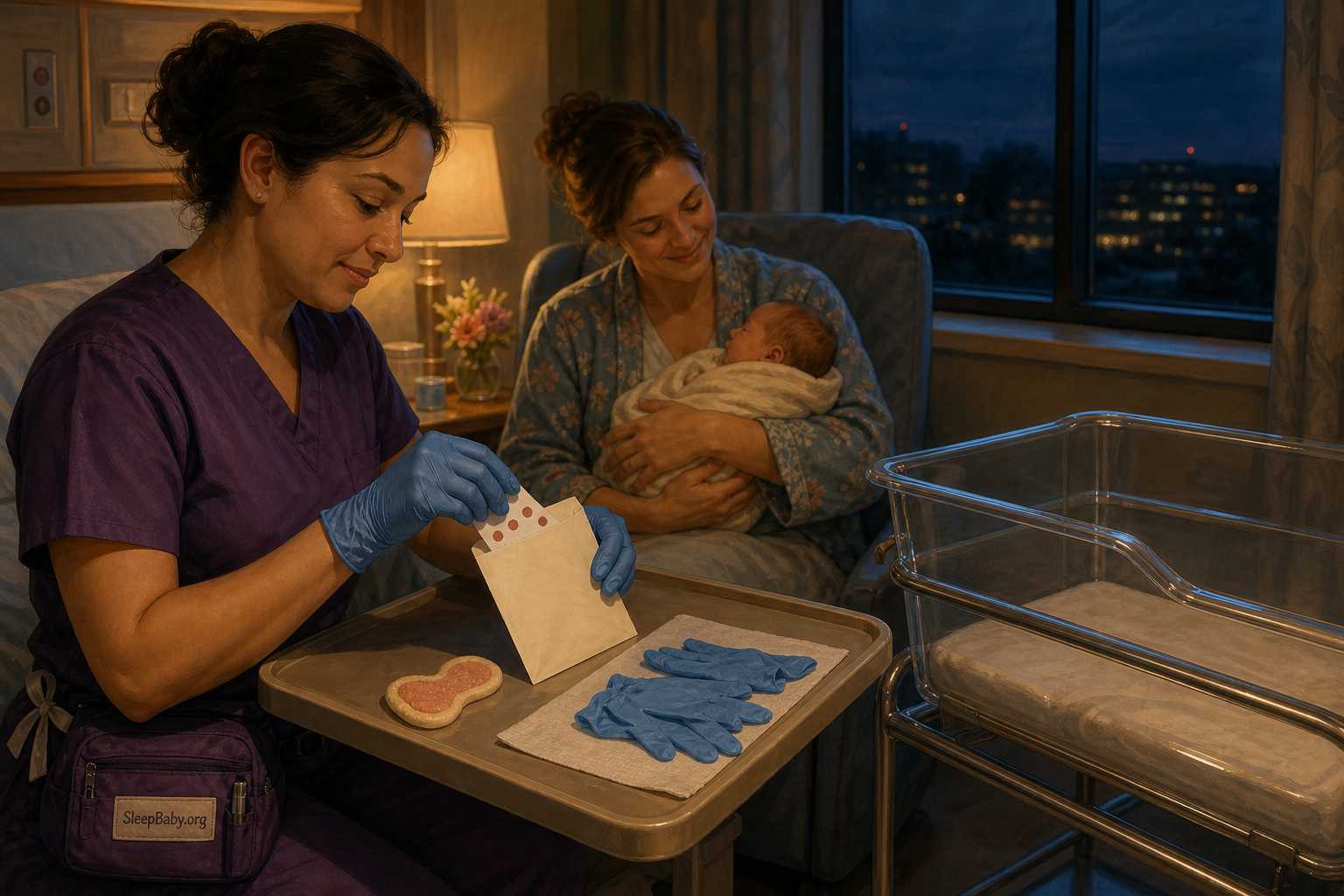 A clinician files a newborn blood-spot card after collection while a caregiver comforts a baby beside a safe empty bassinet under warm night light