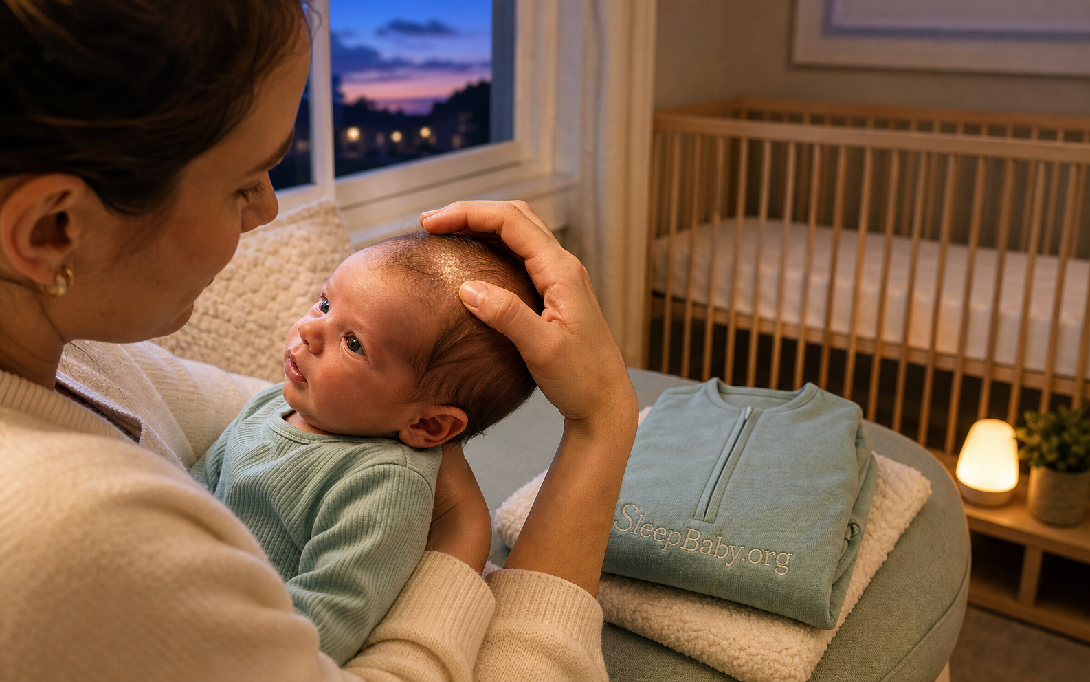 An attentive caregiver checks greasy cradle cap scale and the awake baby's comfort near a nightlight and bare crib