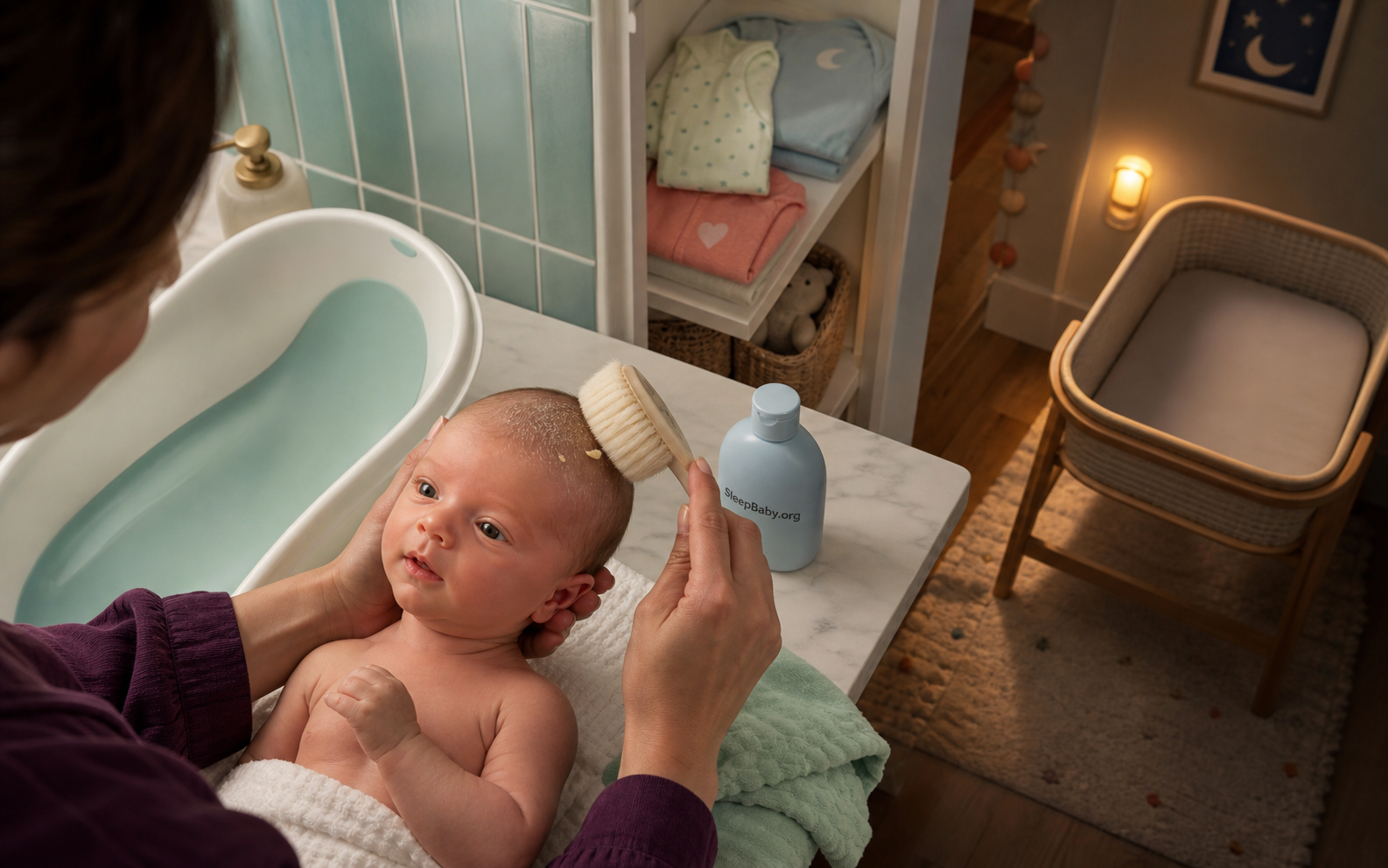 A supported awake baby receives an almost pressure-free cradle cap brush pass before pajamas and an empty bassinet