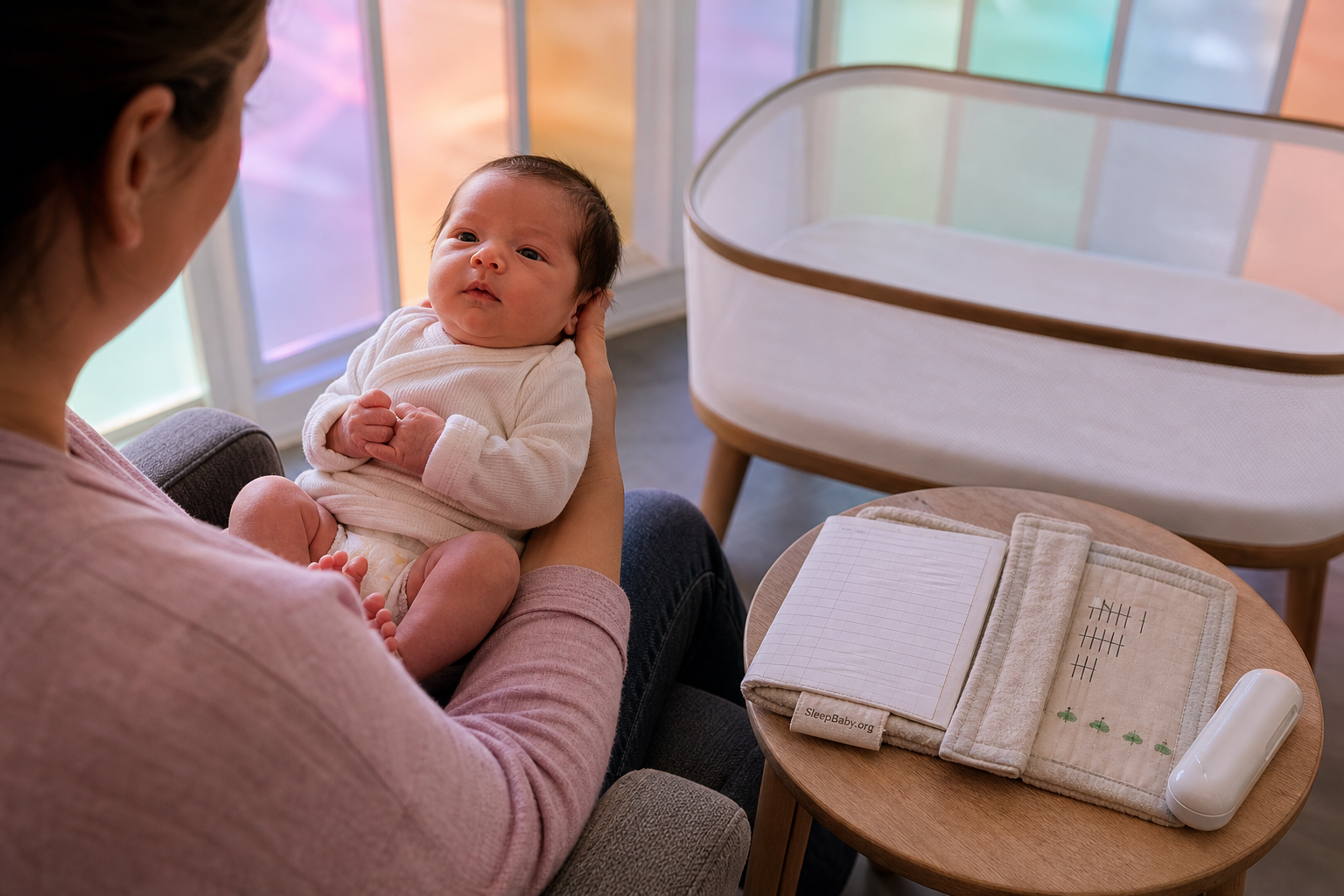 Supported awake newborn beside a feeding-and-diaper record, closed thermometer case, and bare bassinet.
