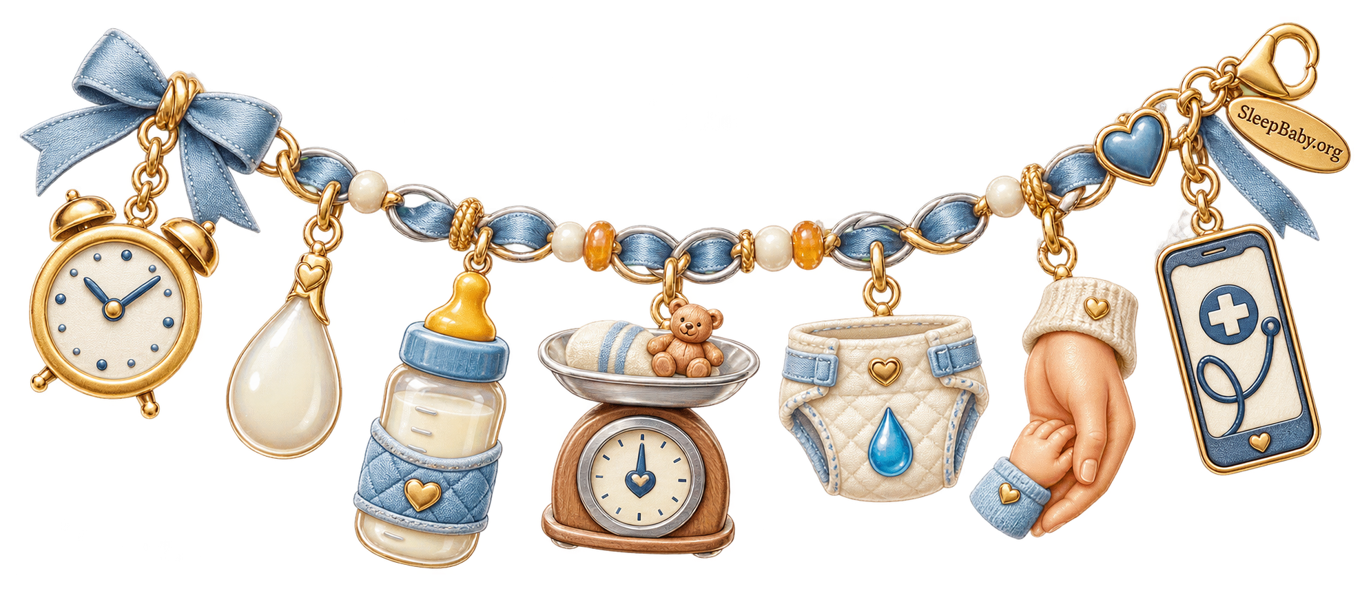 A blue-and-gold feeding chain pairs a clock, milk drop, upright bottle, baby scale, wet-diaper cue, gentle hand, and clinician phone