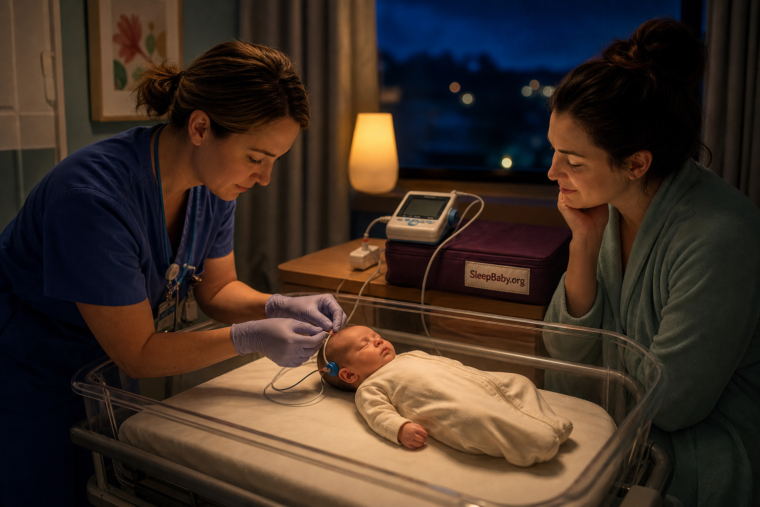 A clinician performs a newborn hearing screen with soft ear probes while the baby rests safely on the back in an empty bassinet