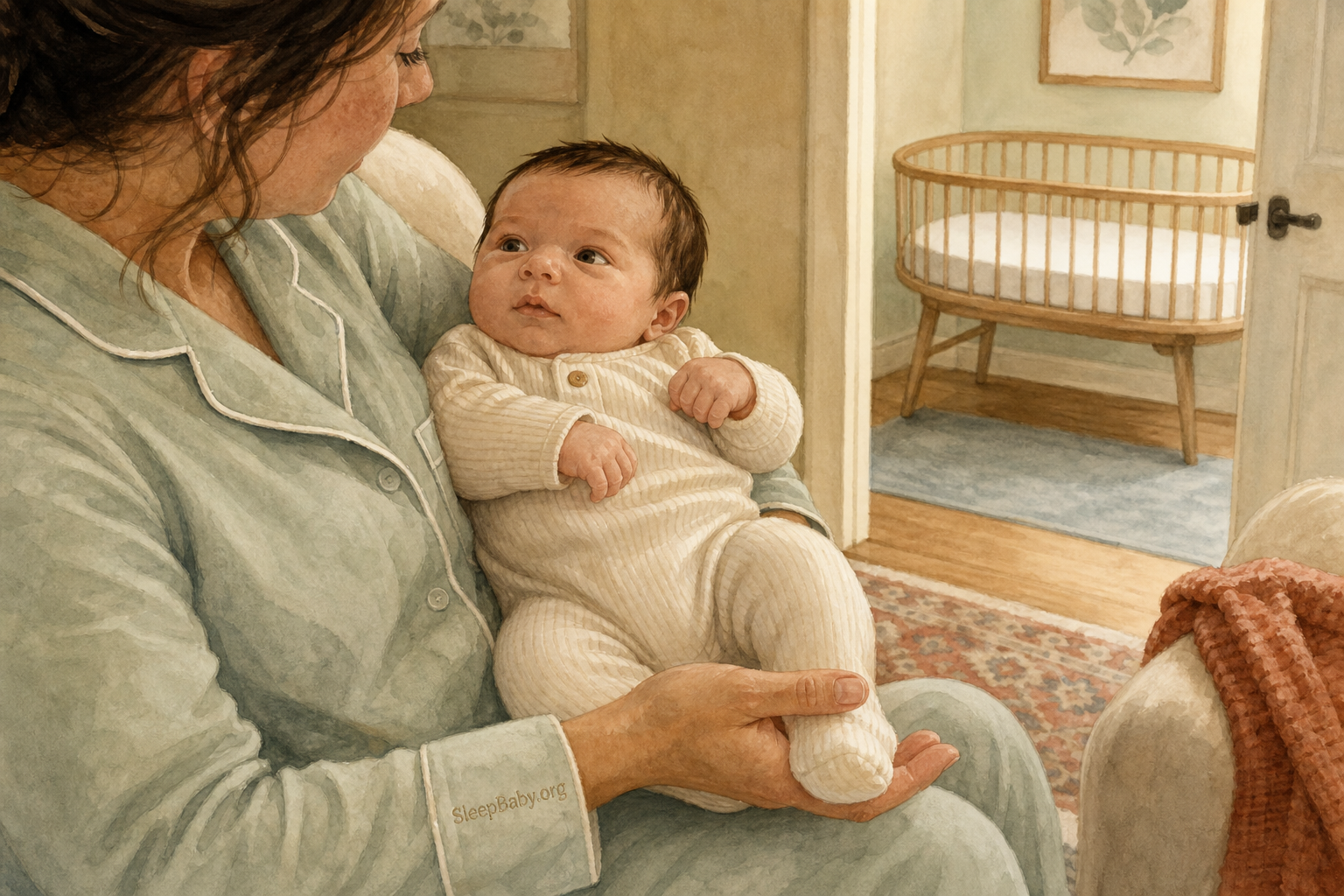 An open hand gently supports the clothed foot of a fully awake newborn beside an empty bassinet.