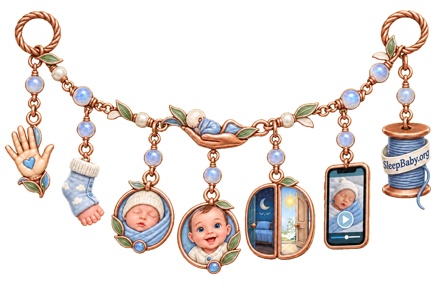 A newborn-pattern charm ribbon links an open hand, clothed foot, sleeping face, awake face, doorway, video phone, and branded thread spool.