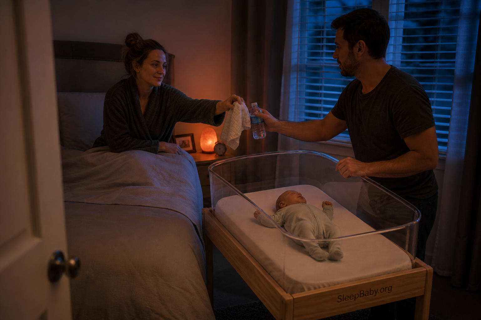 Alert caregivers share nighttime duties beside a baby sleeping safely in an empty bassinet.