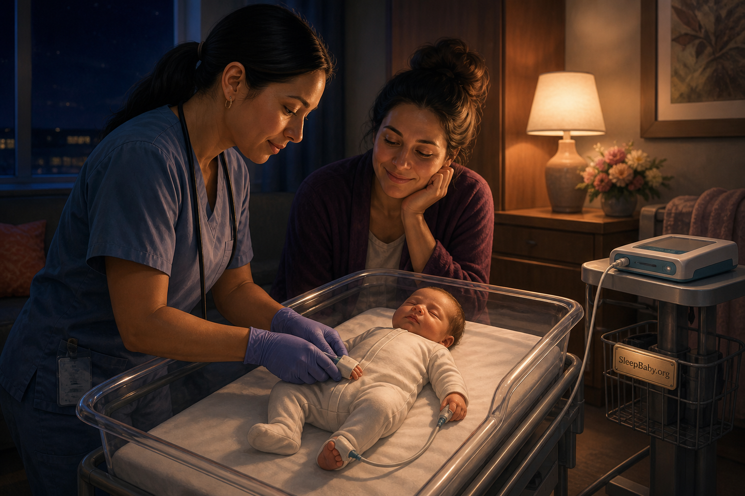 A clinician checks pulse-ox sensors on a newborn's right hand and foot beside a caregiver in a softly lit maternity room