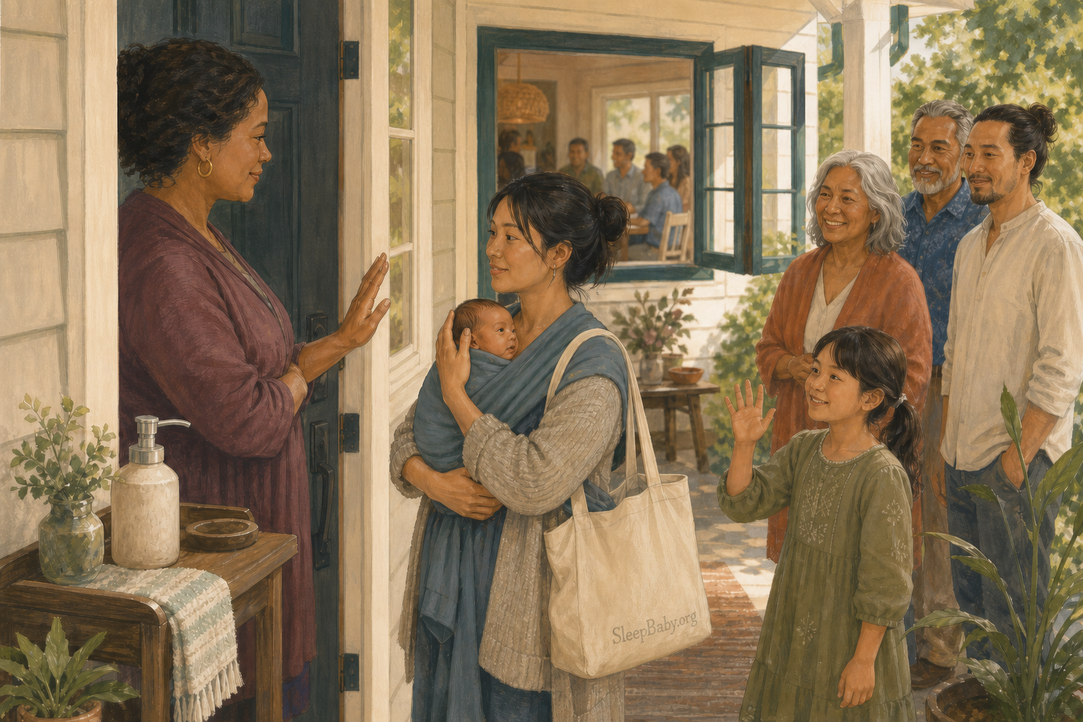 Editorial illustration shows a gatekeeper beside soap at a reunion doorway while a parent supports a tiny awake newborn in a wrap and a child waves from a respectful distance.
