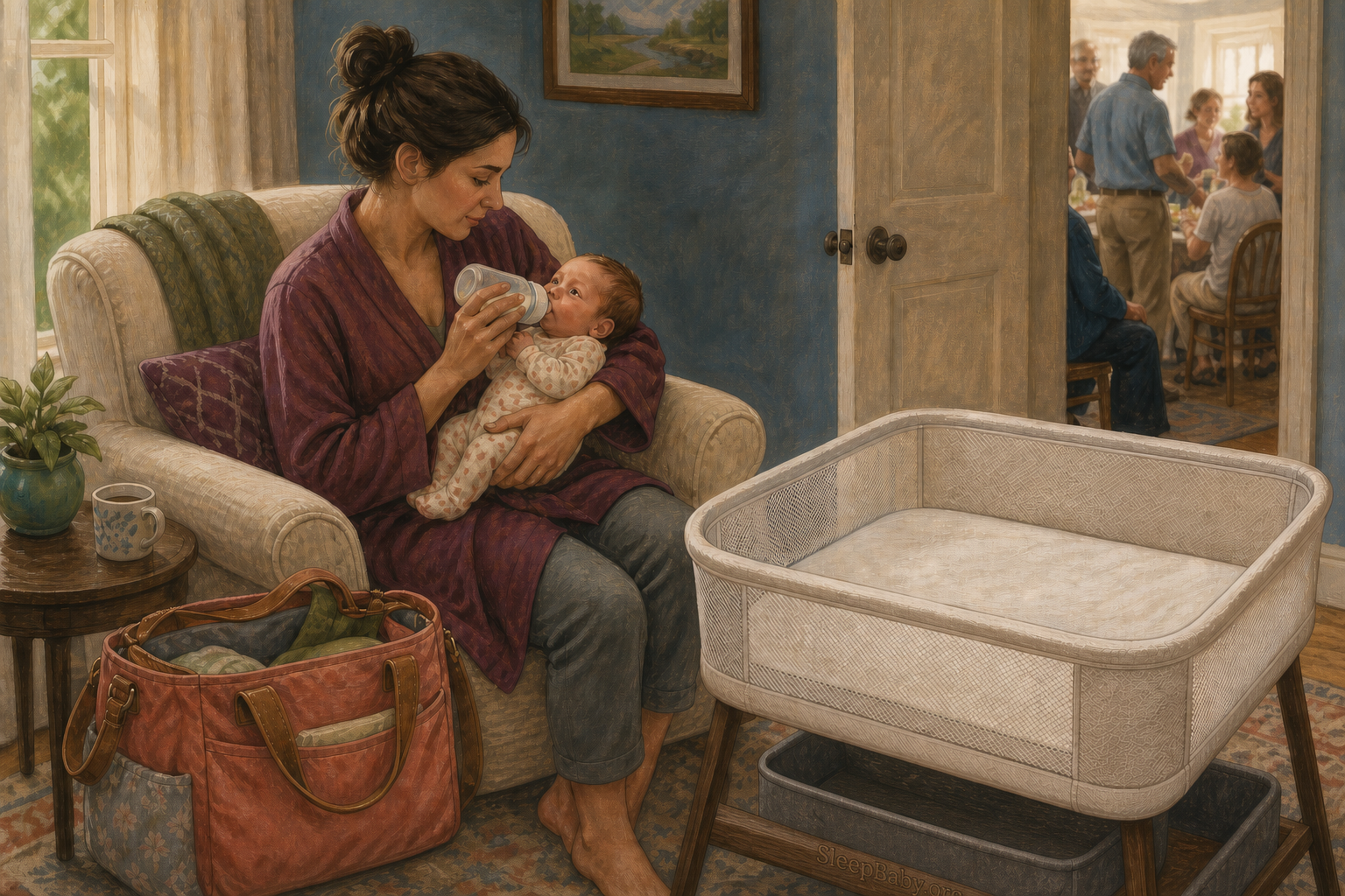 Editorial illustration shows a parent bottle-feeding an awake newborn in a quiet room beside an empty firm flat bassinet while the family reunion remains beyond a nearly closed door.