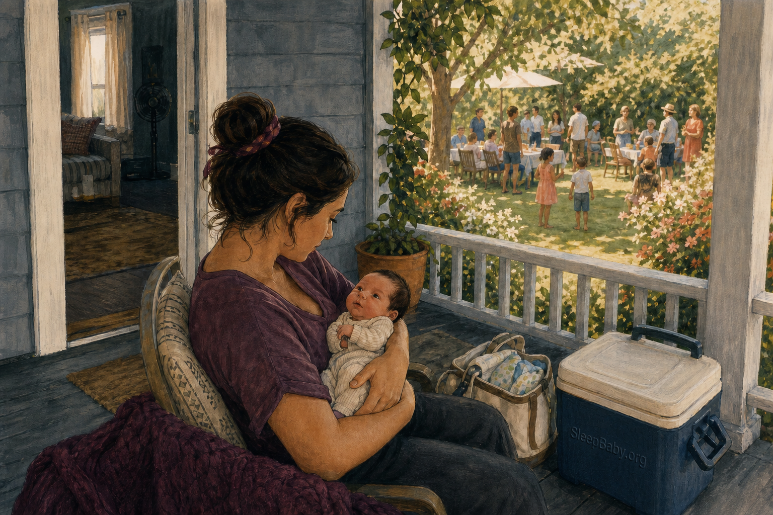 Editorial illustration shows a parent holding an awake newborn on a deeply shaded porch beside a diaper bag and cooler while the reunion stays farther away and a cool room is open behind them.