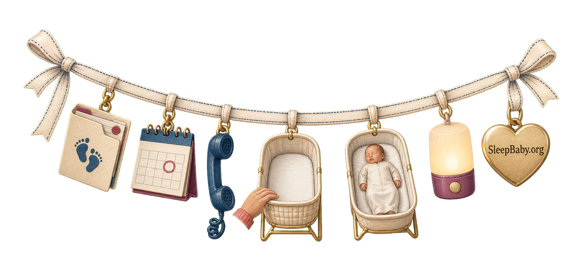 A newborn follow-up charm ribbon with a result folder, calendar, phone, caregiver hand, two safe bassinets, nightlight and SleepBaby.org heart