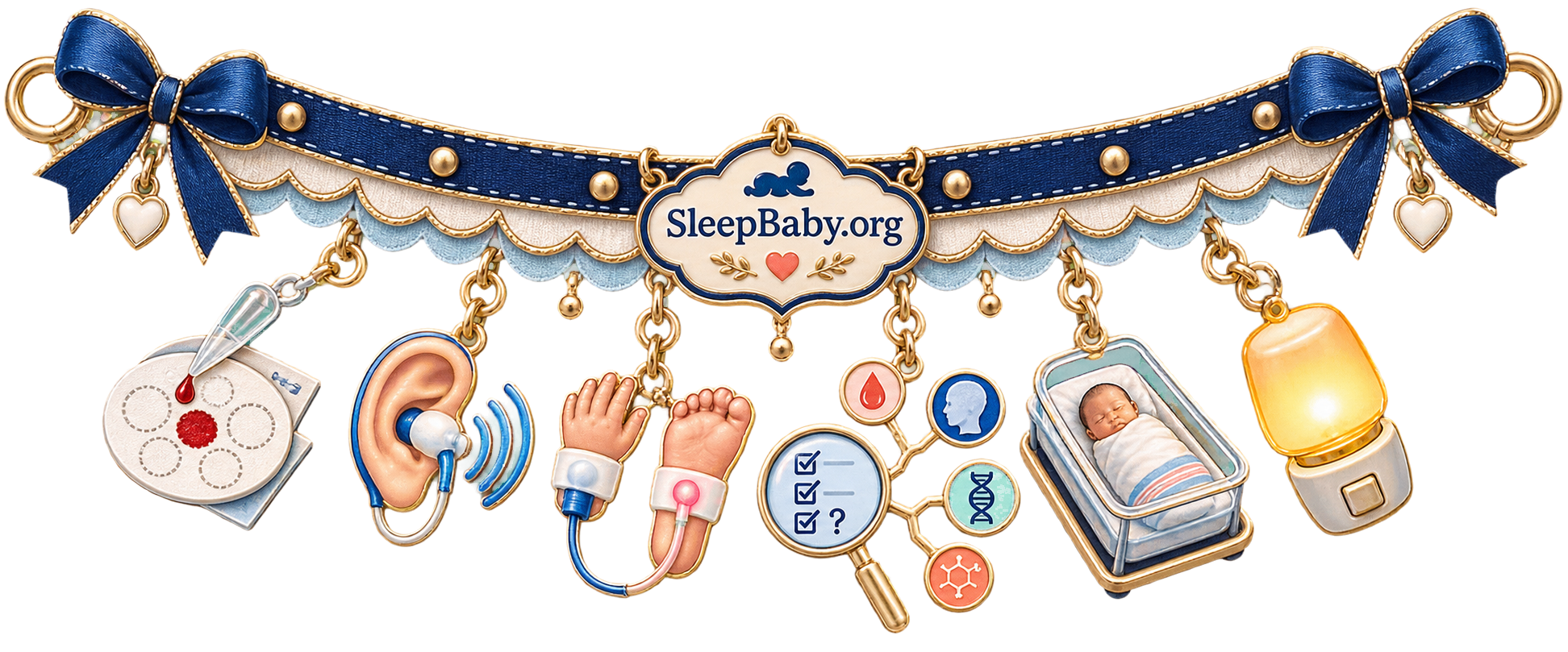 A newborn-screening charm ribbon showing a blood-spot card, hearing probe, paired hand-and-foot sensors, decision magnifier, safe bassinet and nightlight