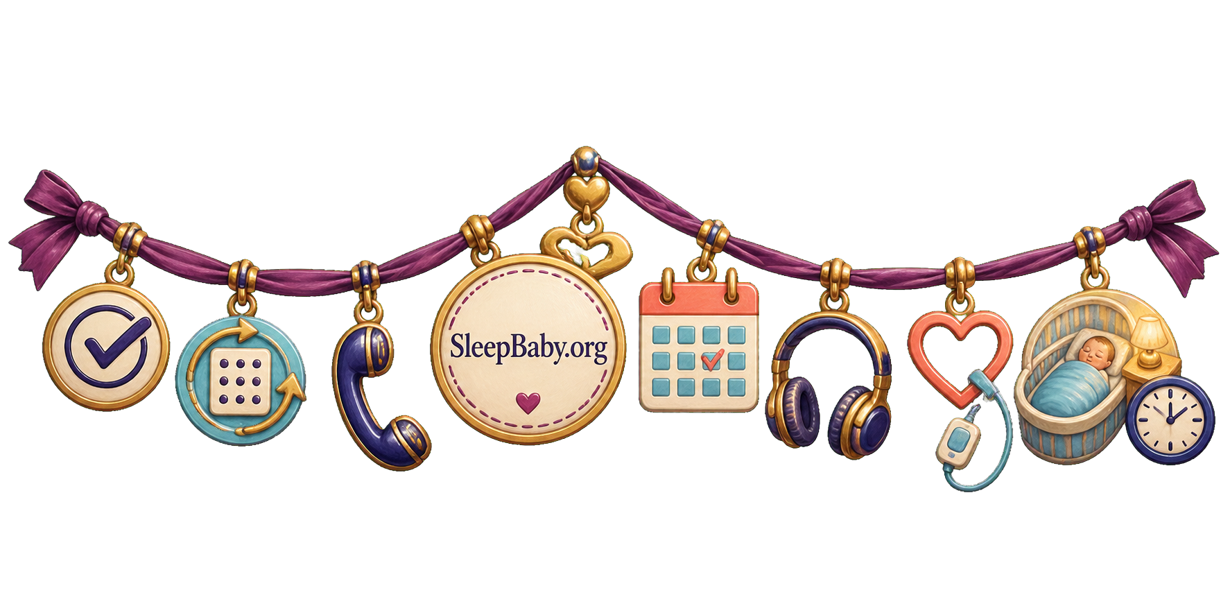 A result-follow-up charm ribbon with a check mark, repeat-test card, phone, calendar, audiology headphones, pulse-ox heart, safe bassinet and bedtime clock