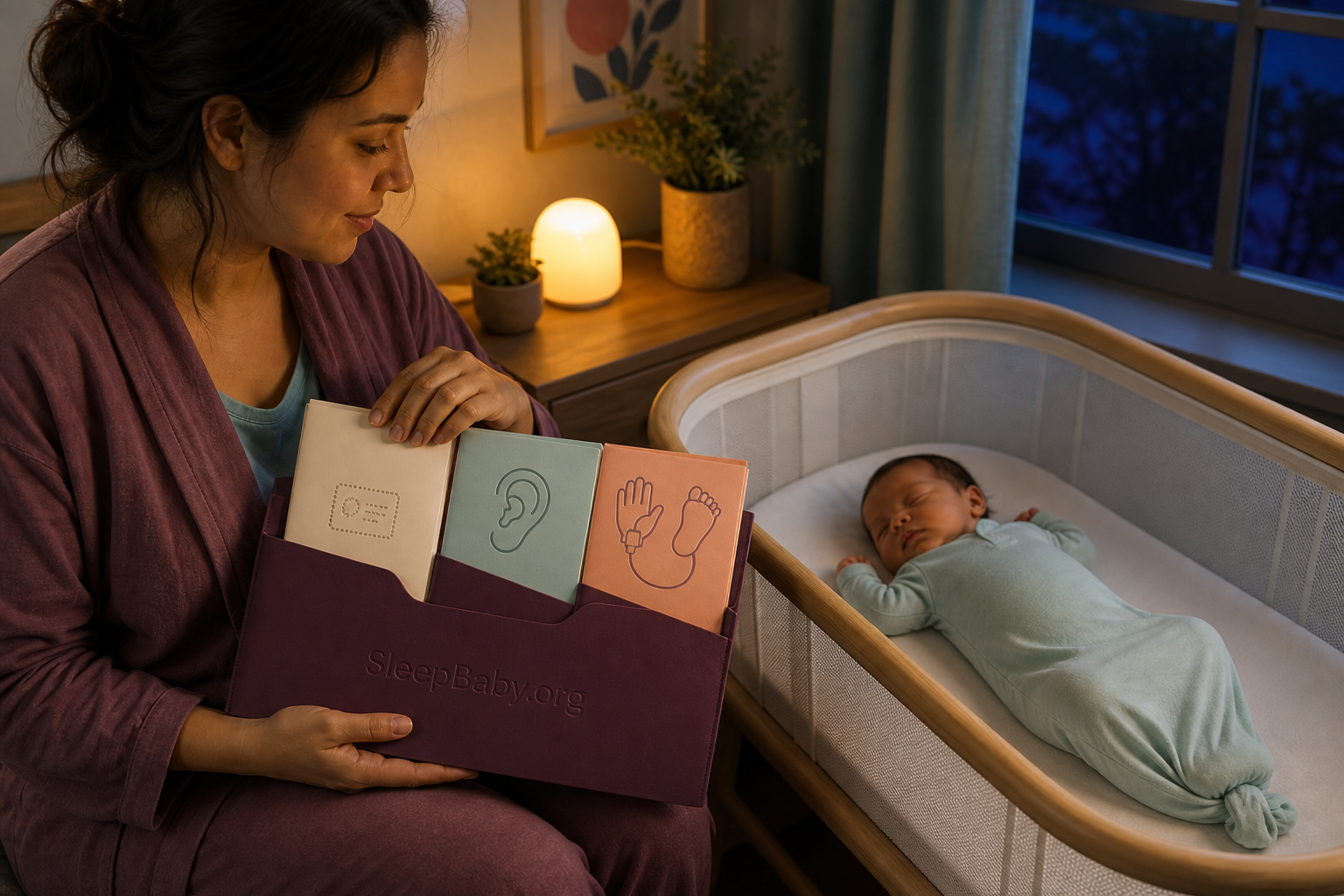 A caregiver organizes blood-spot, hearing and pulse-ox follow-up papers while a newborn sleeps safely in an empty bassinet