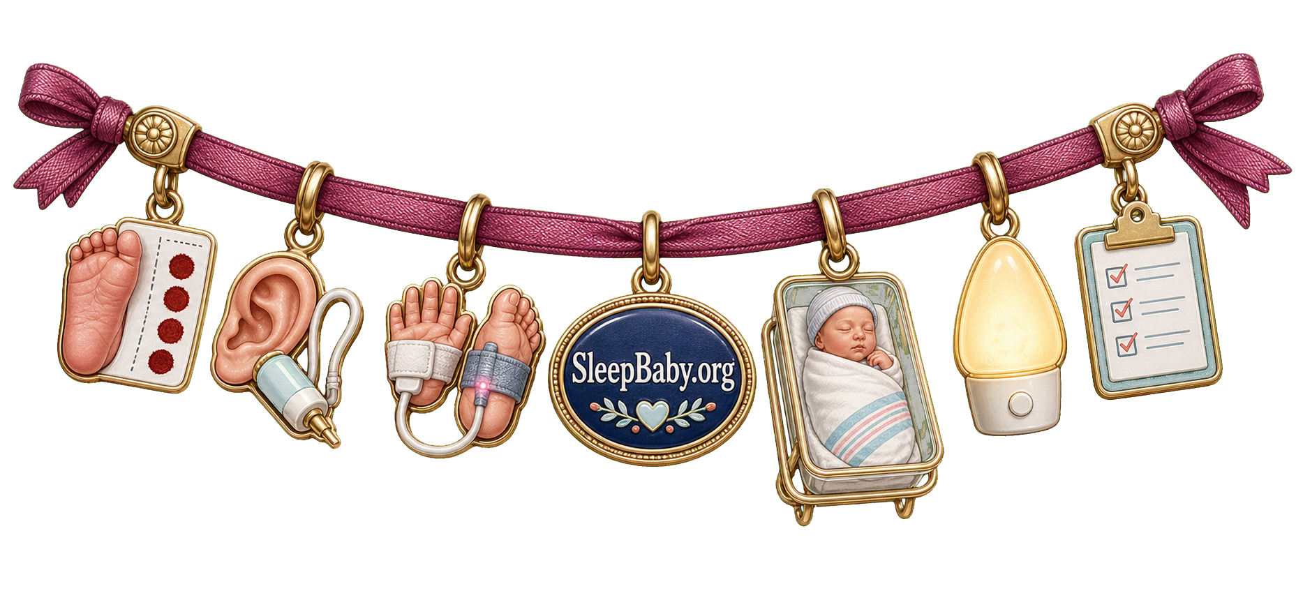 A newborn-screening charm ribbon with a blood-spot card, hearing probe, hand-and-foot sensors, safe bassinet, nightlight, checklist and SleepBaby.org medallion